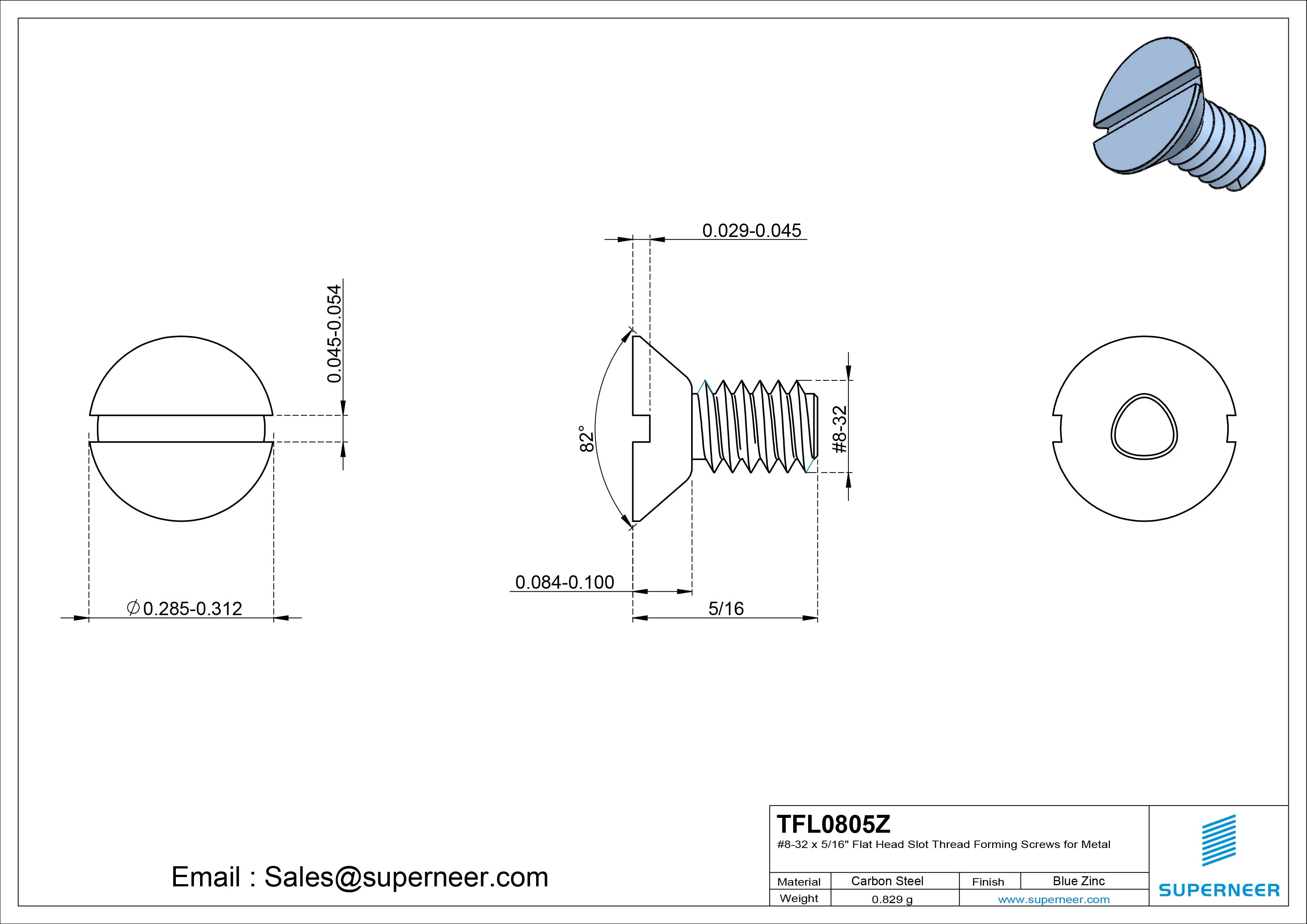 8-32 × 5/16 Flat Head Slot Thread Forming Screws for Metal Steel Blue Zinc Plated