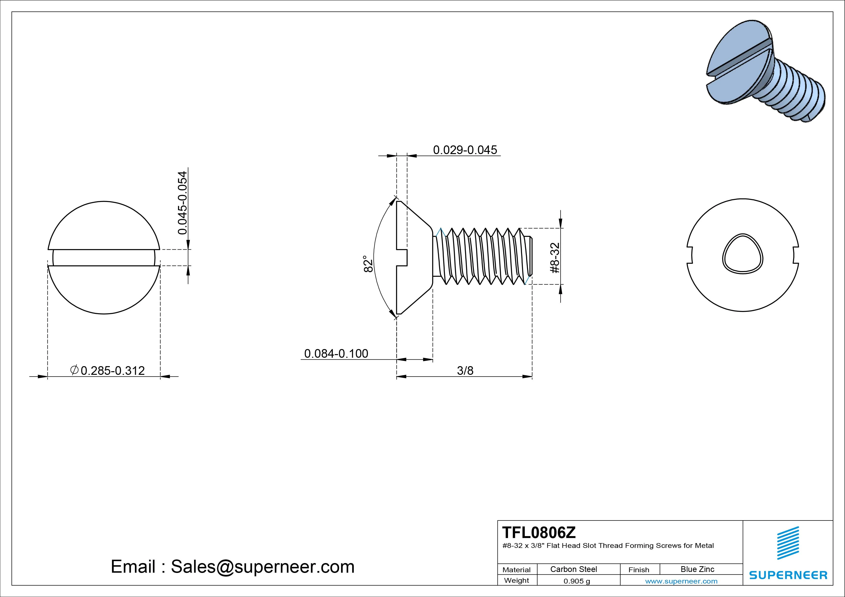 8-32 × 3/8 Flat Head Slot Thread Forming Screws for Metal Steel Blue Zinc Plated