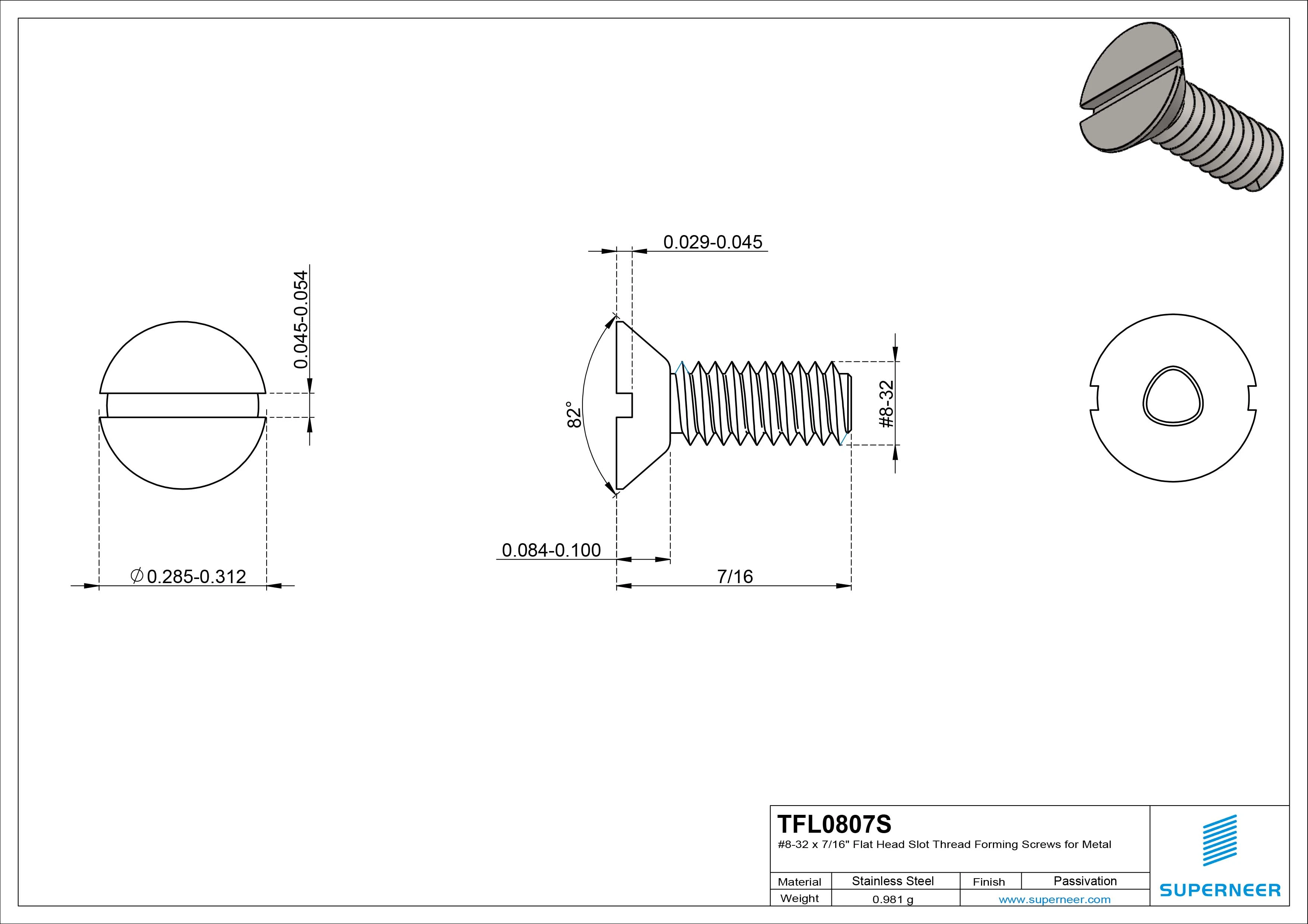 8-32 × 7/16 Flat Head Slot Thread Forming Screws for Metal SUS304 Stainless Steel Inox