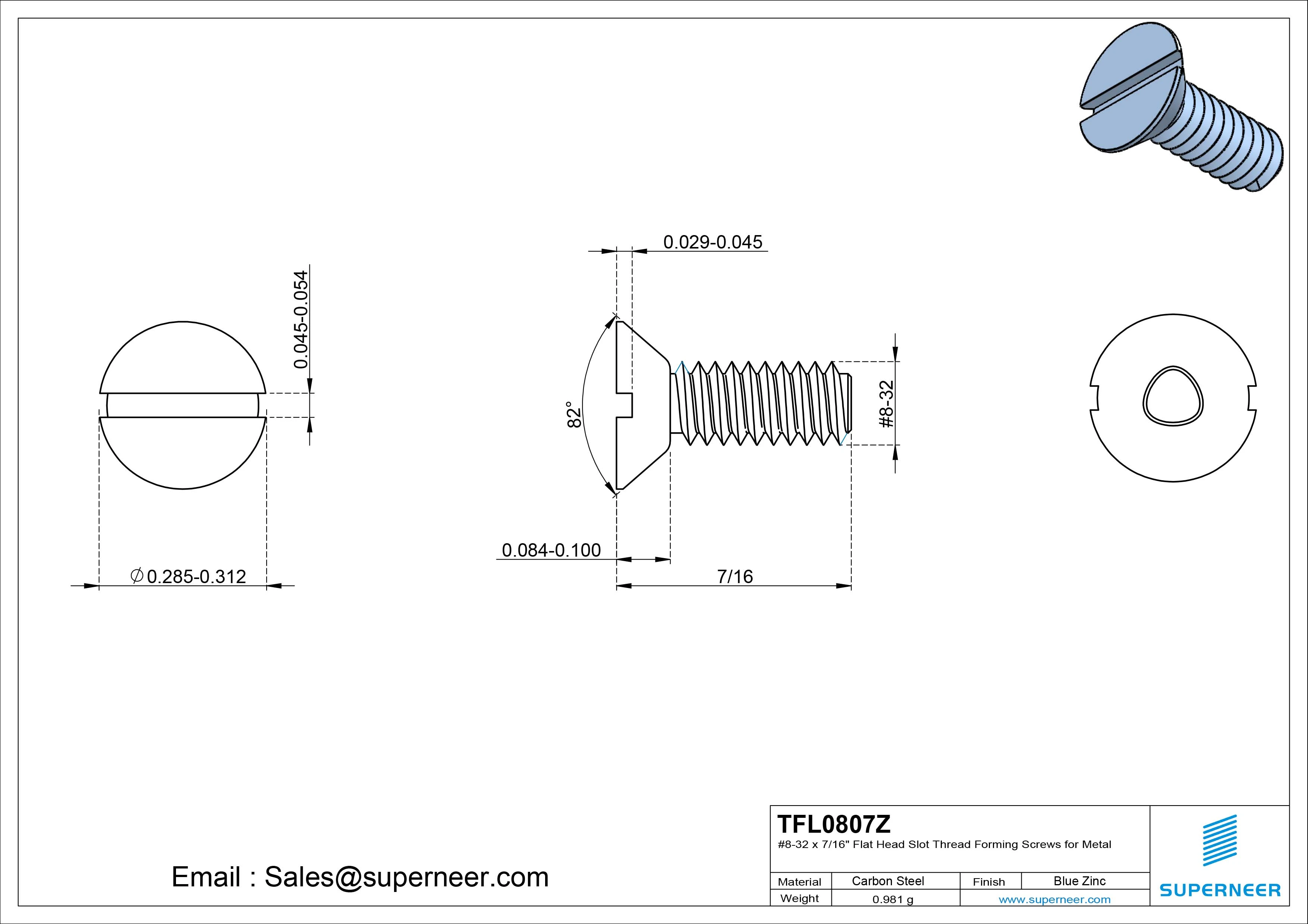8-32 × 7/16 Flat Head Slot Thread Forming Screws for Metal Steel Blue Zinc Plated