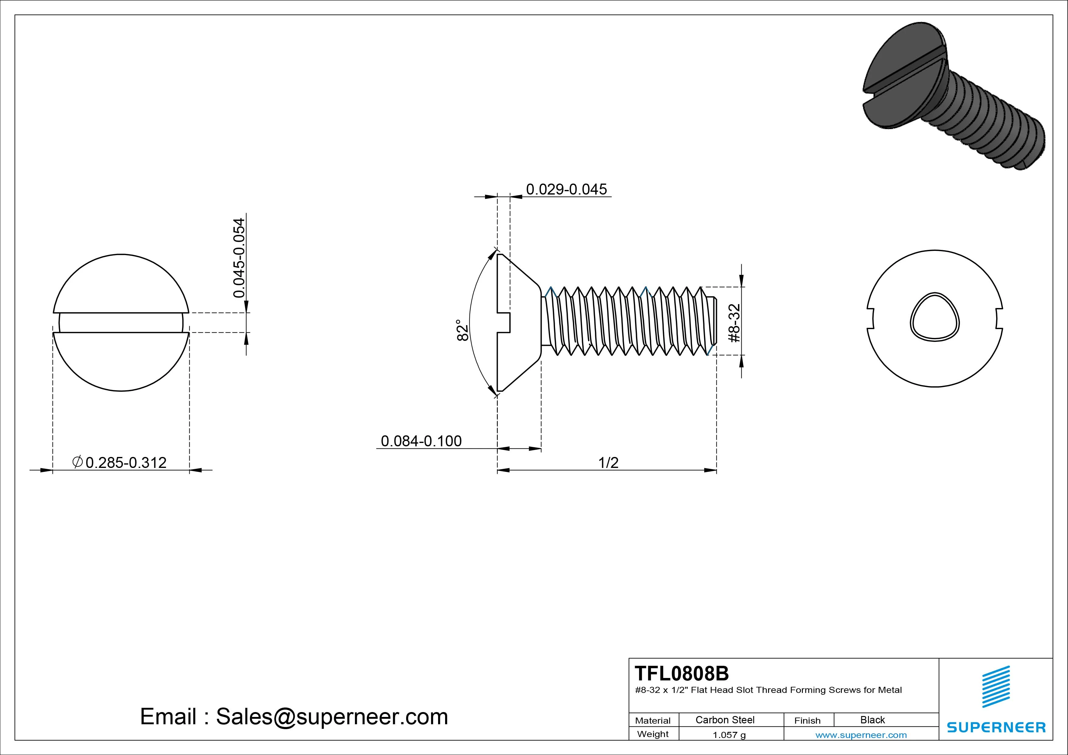8-32 × 1/2 Flat Head Slot Thread Forming Screws for Metal Steel Black