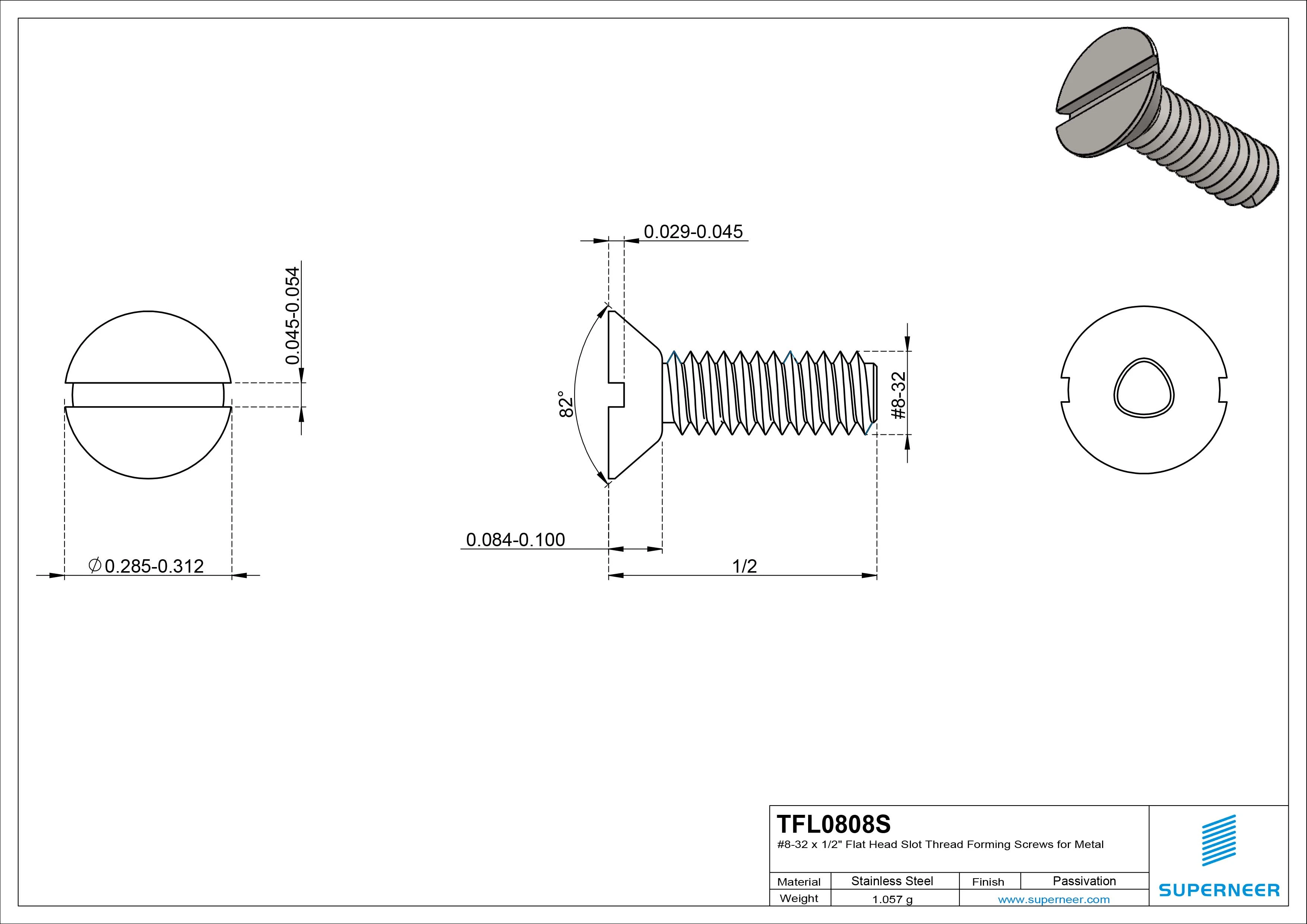 8-32 × 1/2 Flat Head Slot Thread Forming Screws for Metal SUS304 Stainless Steel Inox