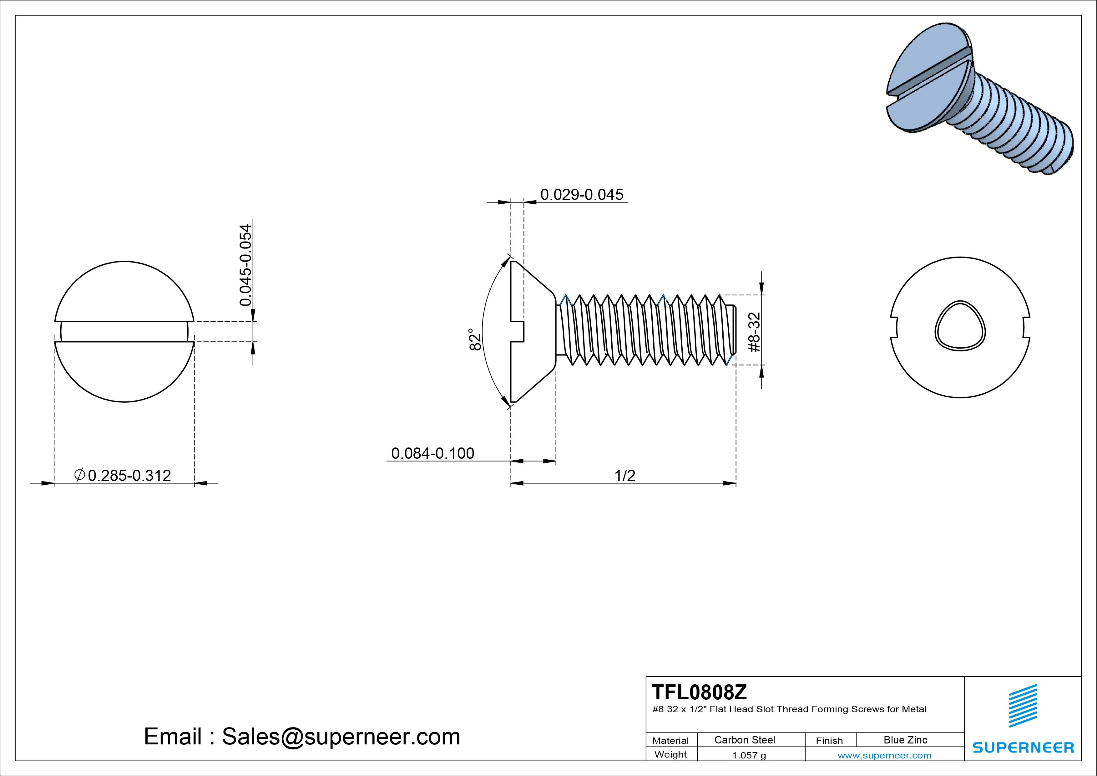 8-32 × 1/2 Flat Head Slot Thread Forming Screws for Metal Steel Blue Zinc Plated