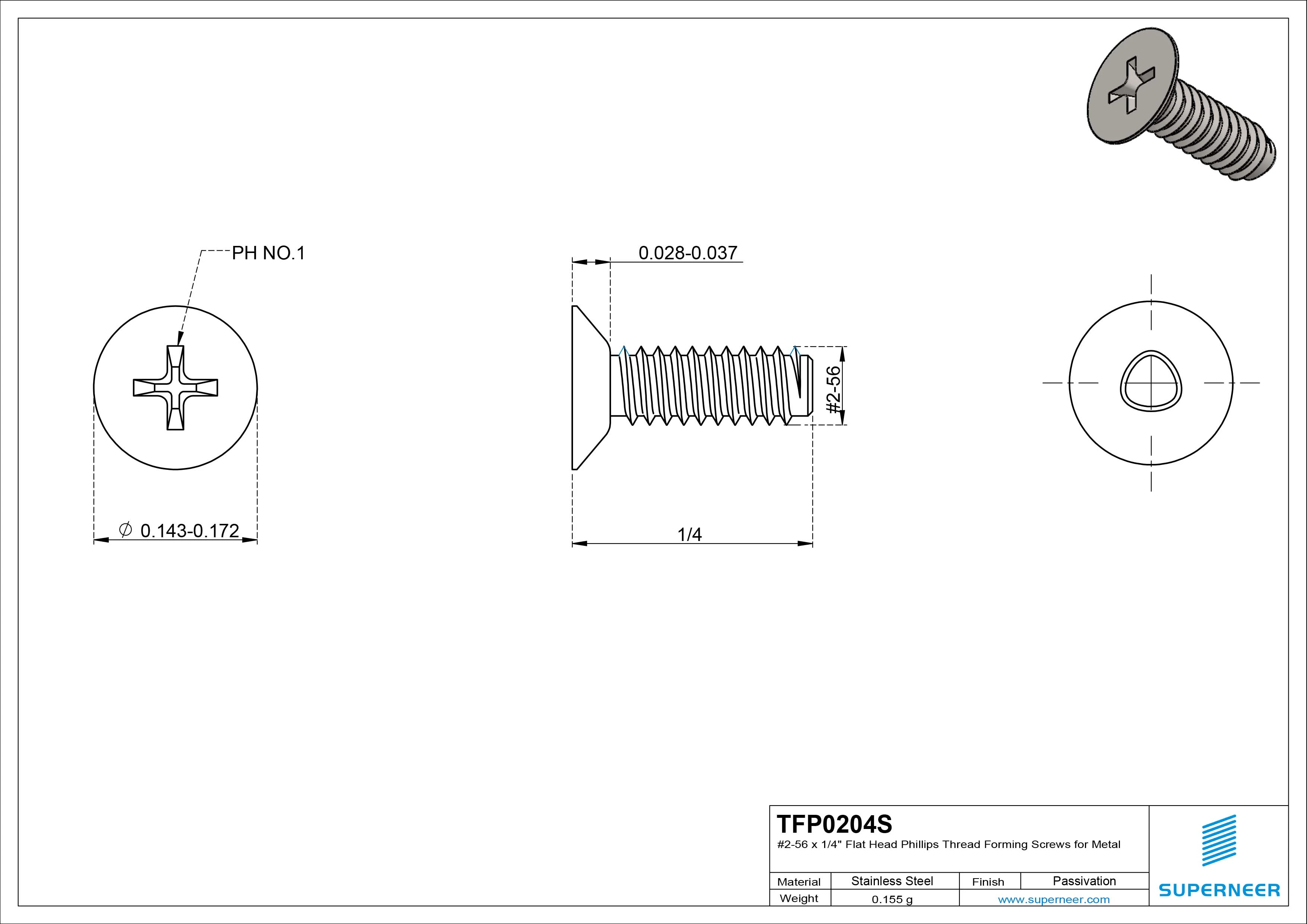 2-56 × 1/4 Flat Head Phillips Thread Forming Screws for Metal SUS304 Stainless Steel Inox
