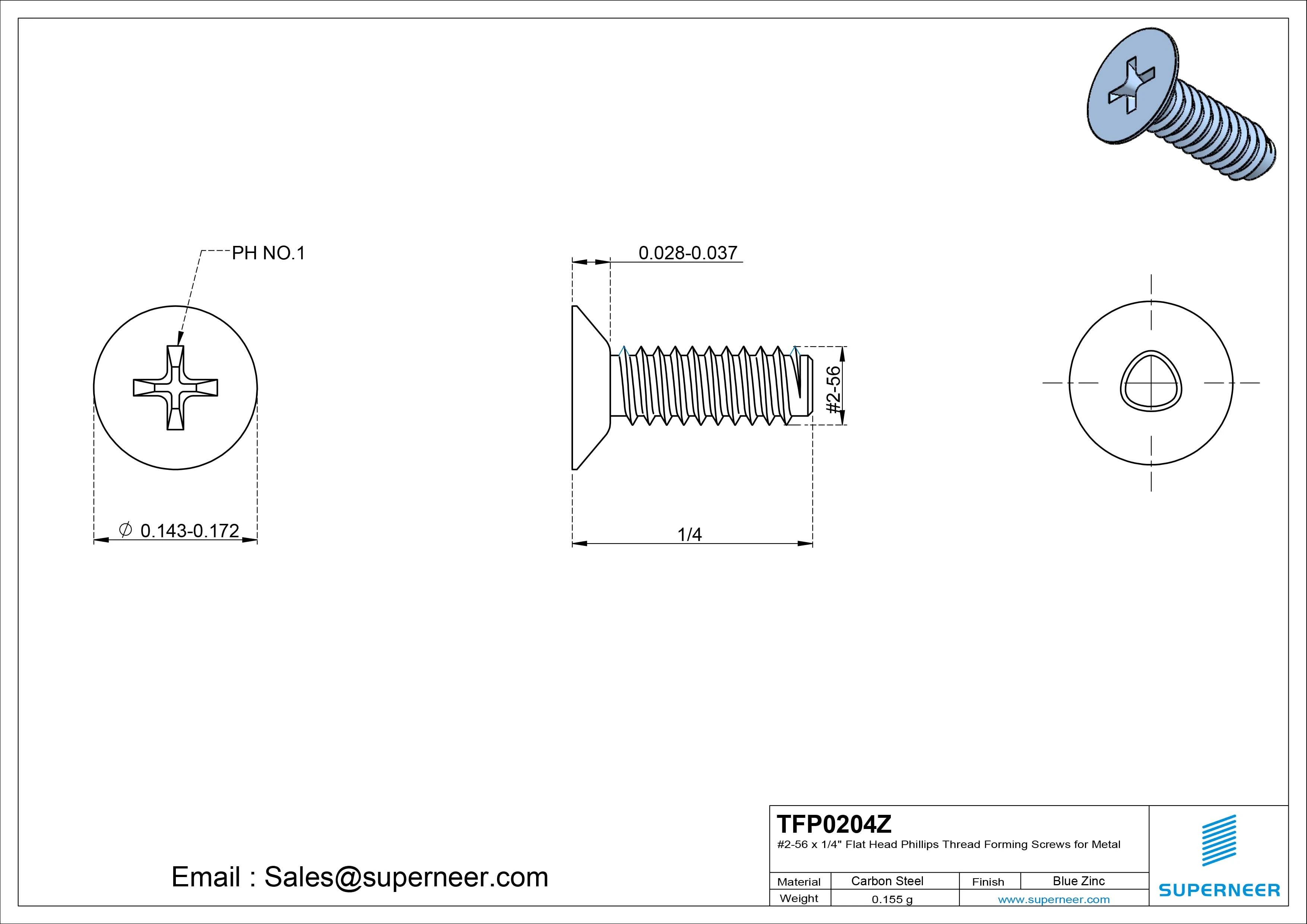 2-56 × 1/4 Flat Head Phillips Thread Forming Screws for Metal Steel Blue Zinc Plated