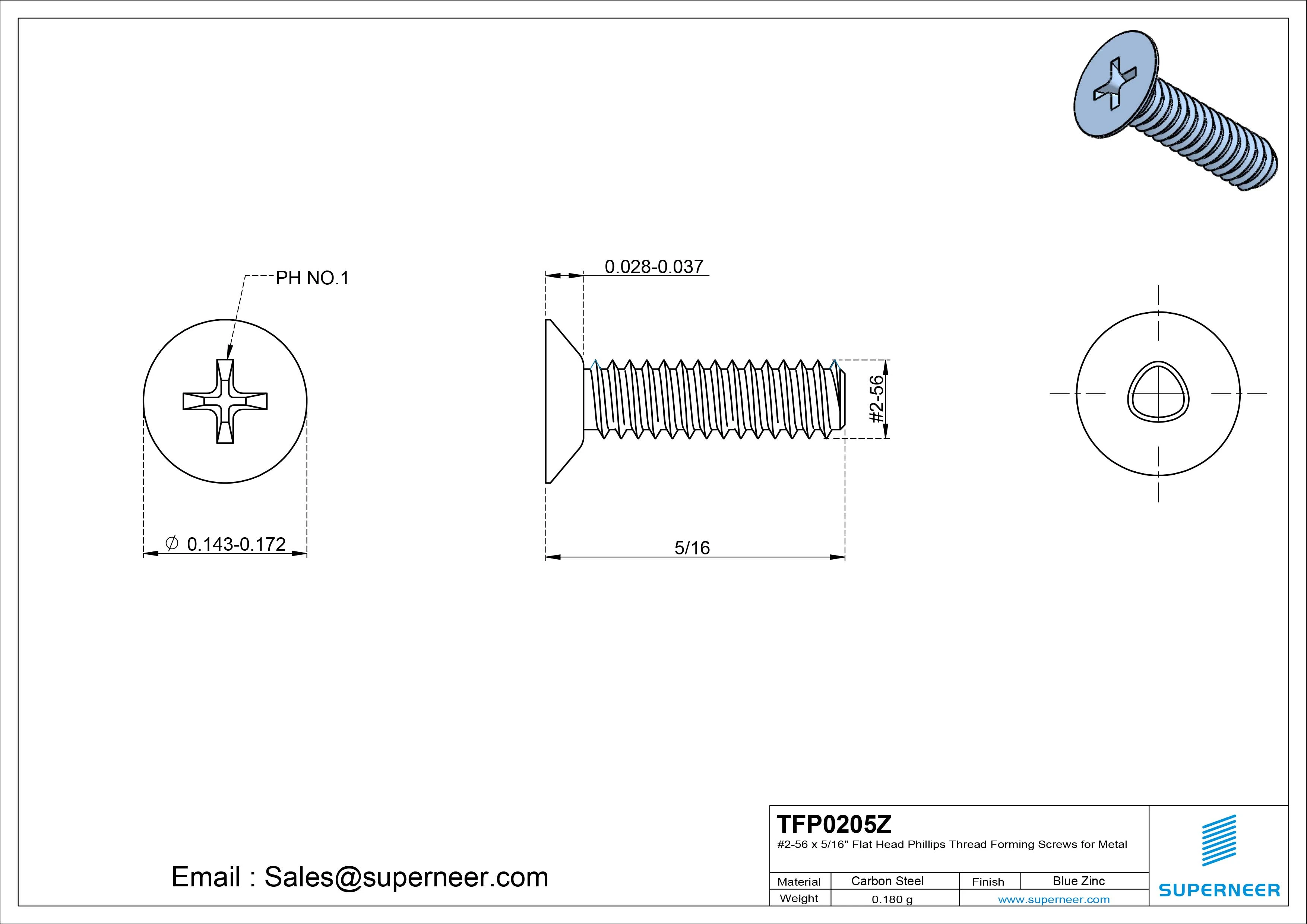 2-56 × 5/16 Flat Head Phillips Thread Forming Screws for Metal Steel Blue Zinc Plated