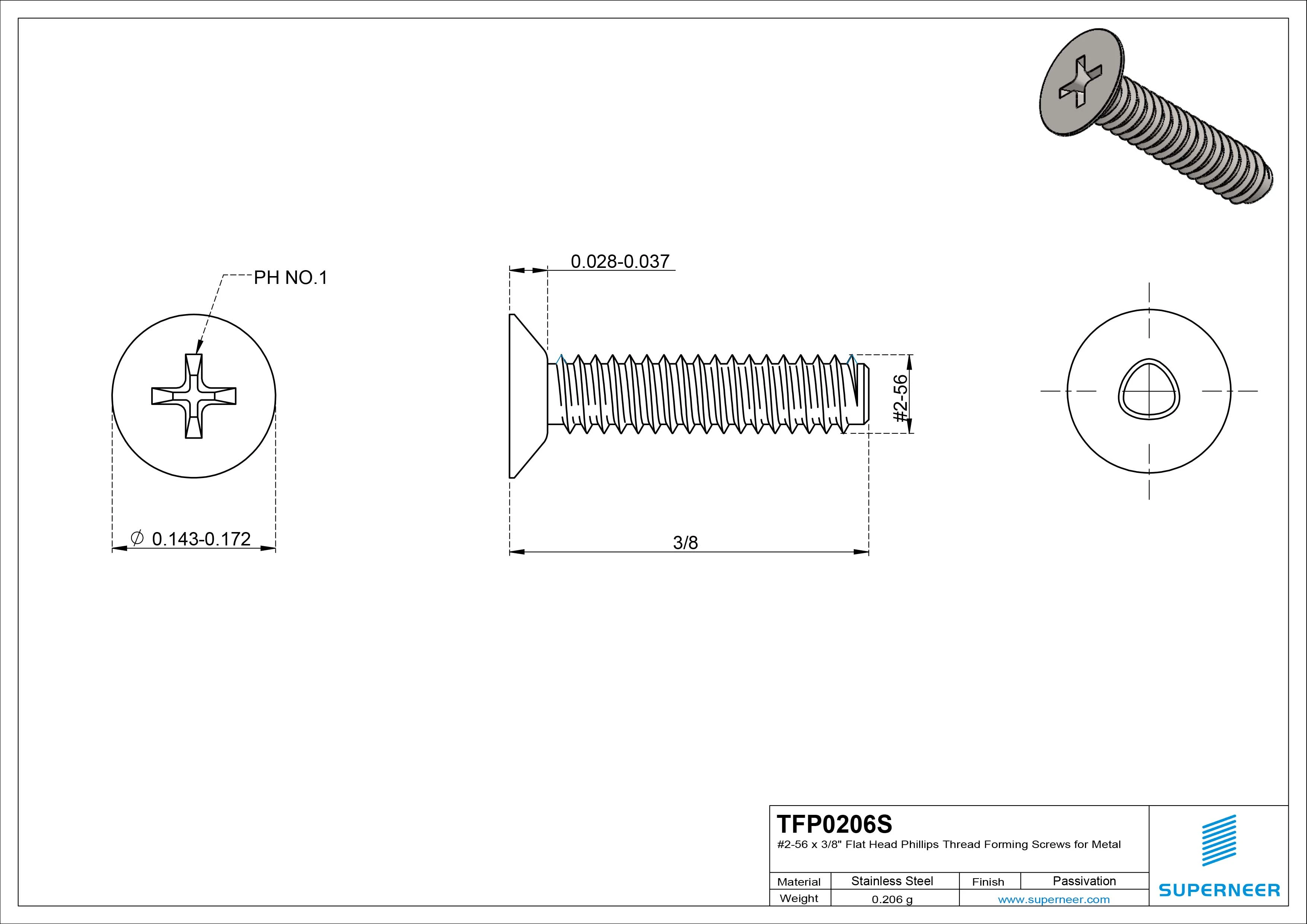 2-56 × 3/8 Flat Head Phillips Thread Forming Screws for Metal SUS304 Stainless Steel Inox