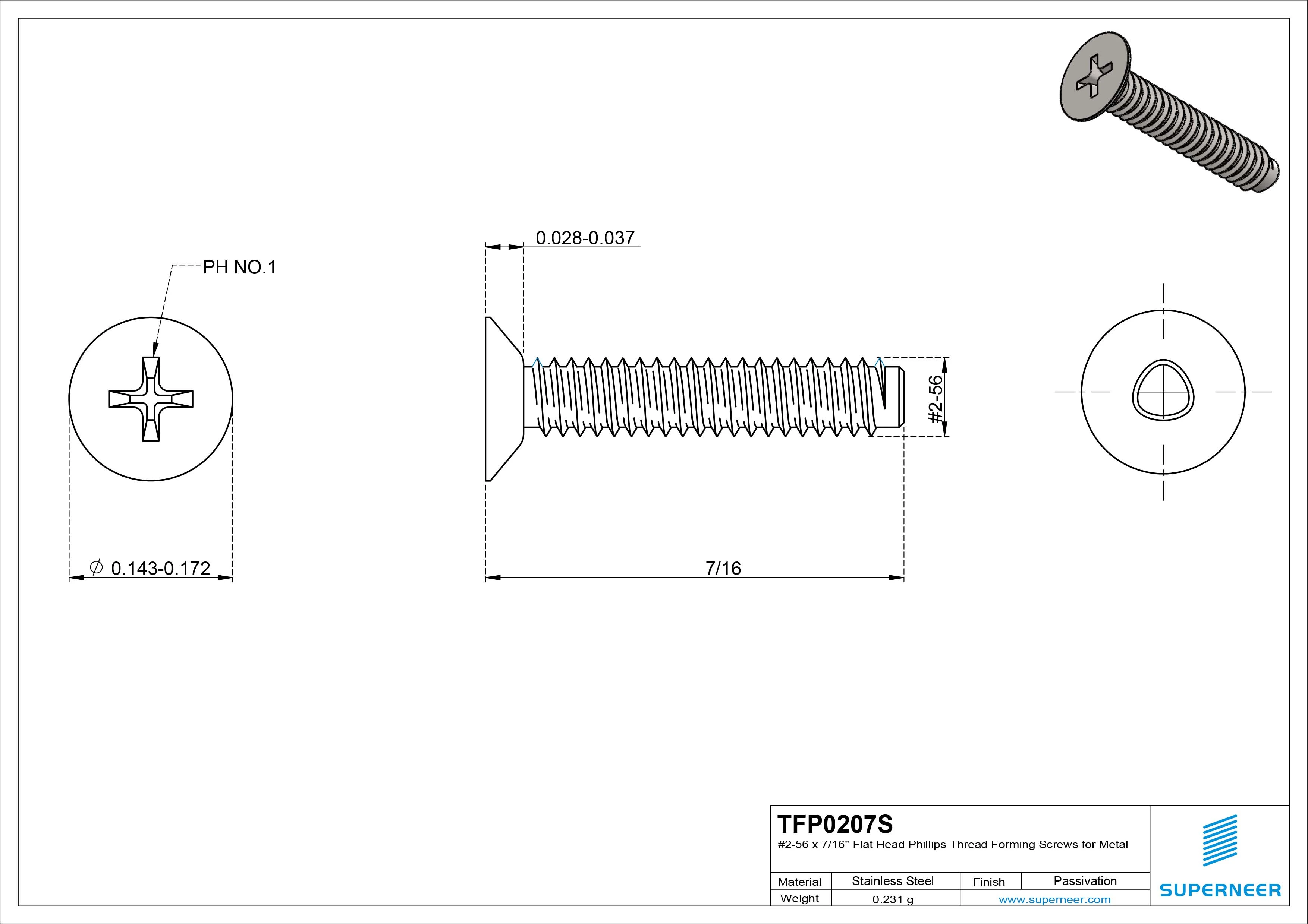 2-56 × 7/16 Flat Head Phillips Thread Forming Screws for Metal SUS304 Stainless Steel Inox