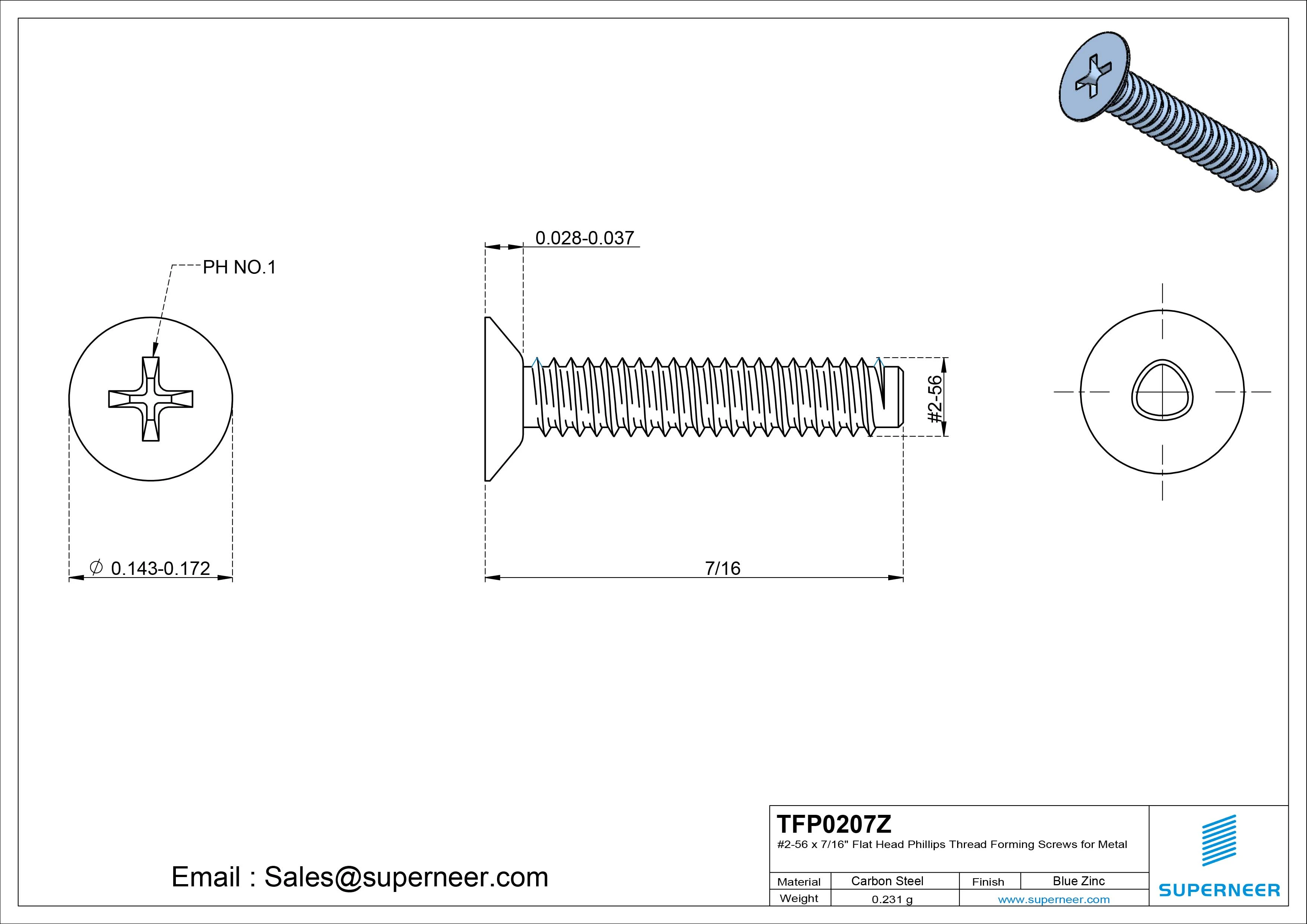 2-56 × 7/16 Flat Head Phillips Thread Forming Screws for Metal Steel Blue Zinc Plated