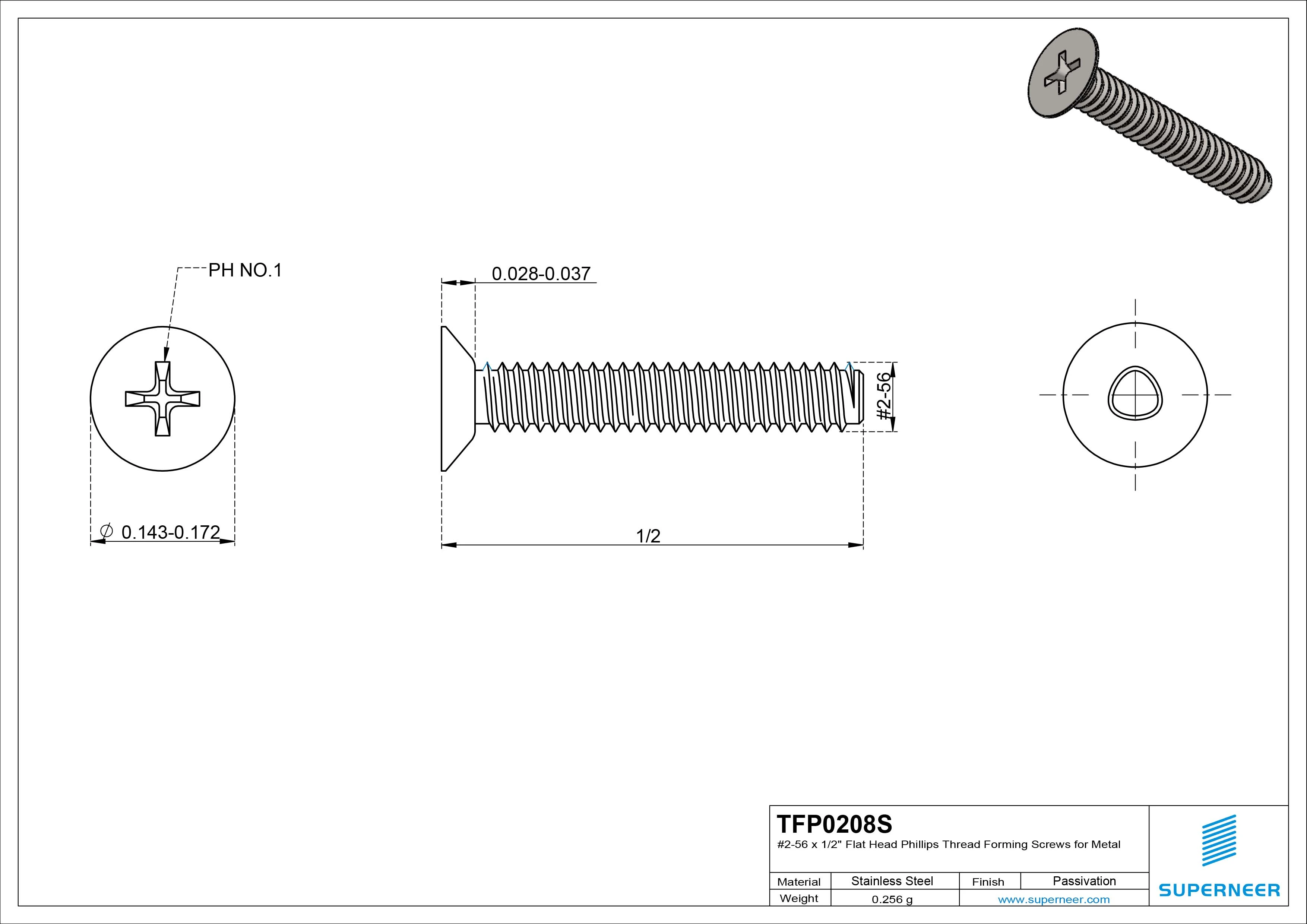 2-56 × 1/2 Flat Head Phillips Thread Forming Screws for Metal SUS304 Stainless Steel Inox