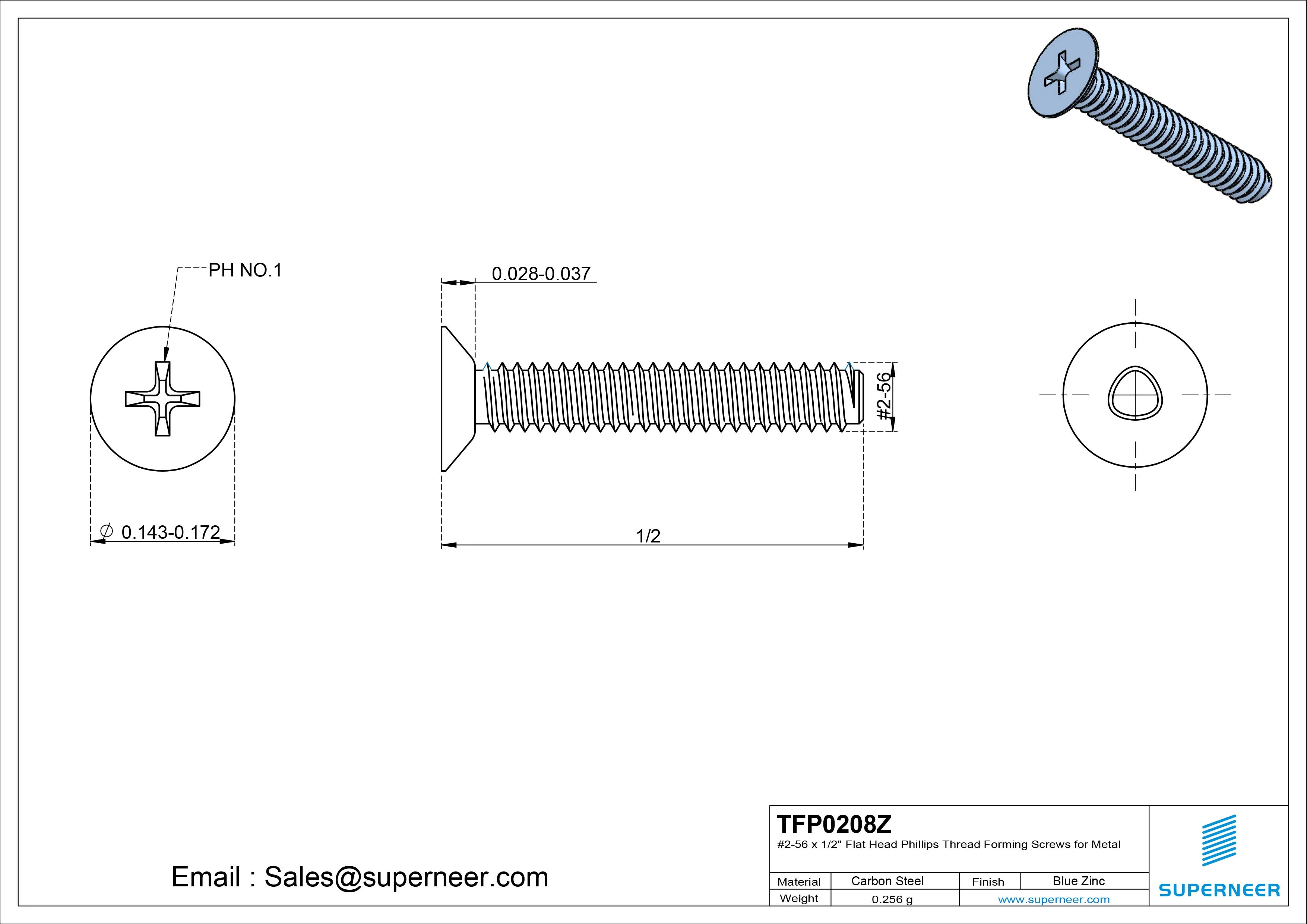 2-56 × 1/2 Flat Head Phillips Thread Forming Screws for Metal Steel Blue Zinc Plated