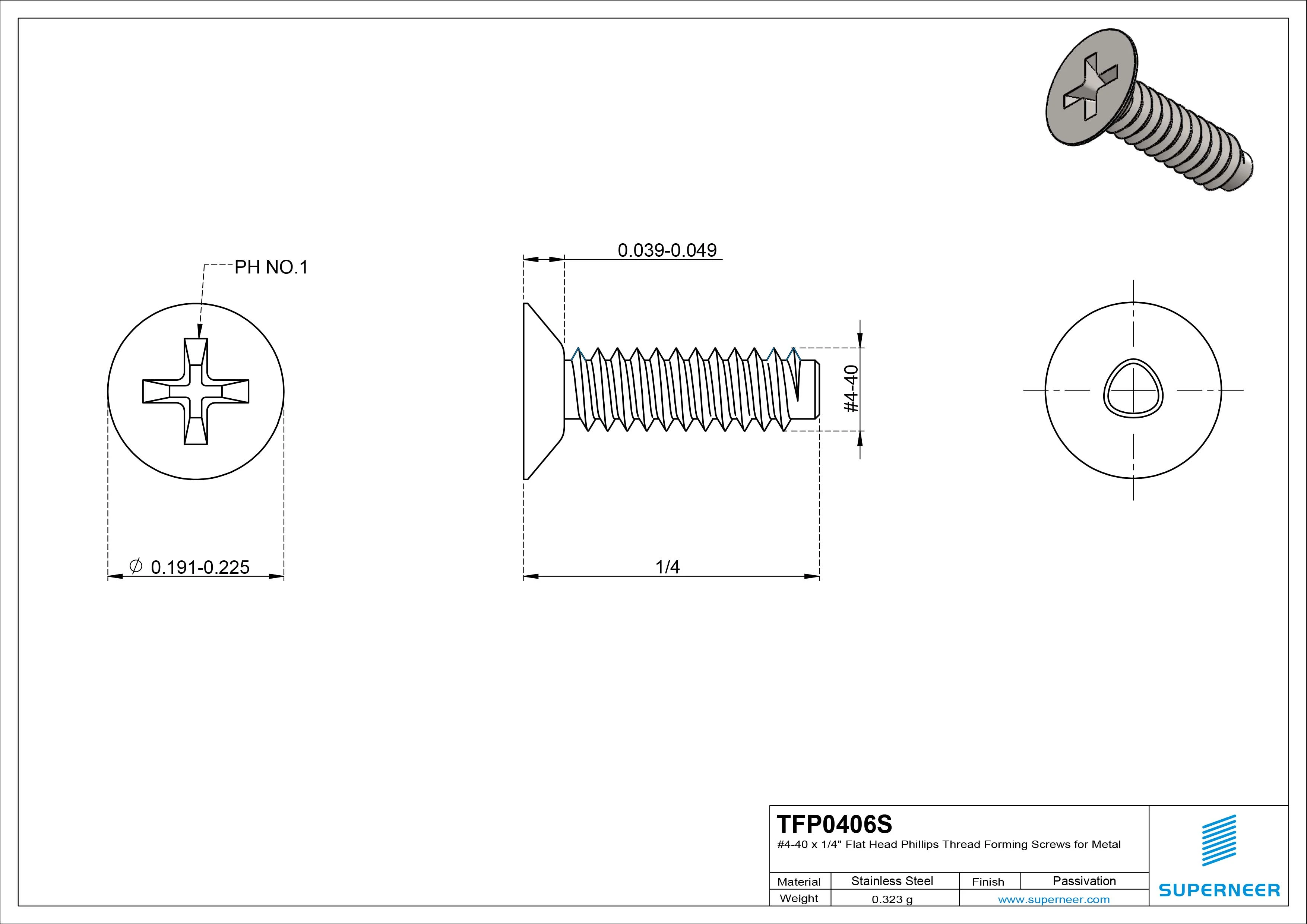 4-40 × 3/8 Flat Head Phillips Thread Forming Screws for Metal SUS304 Stainless Steel Inox