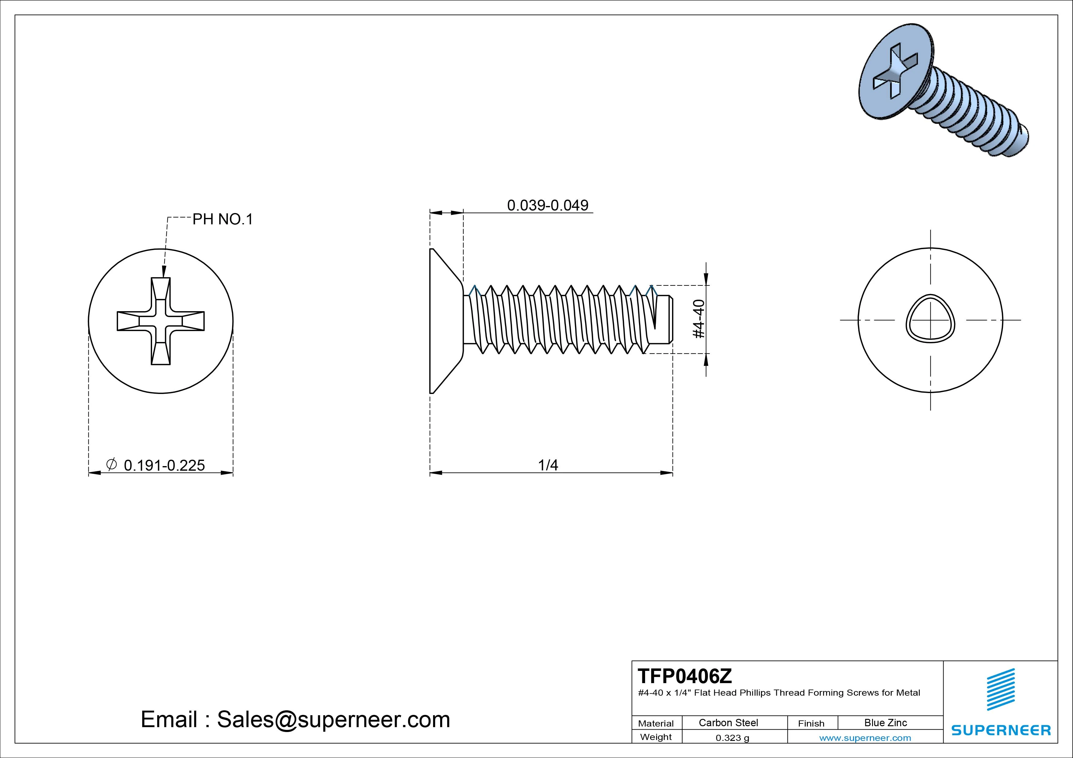 4-40 × 3/8 Flat Head Phillips Thread Forming Screws for Metal Steel Blue Zinc Plated