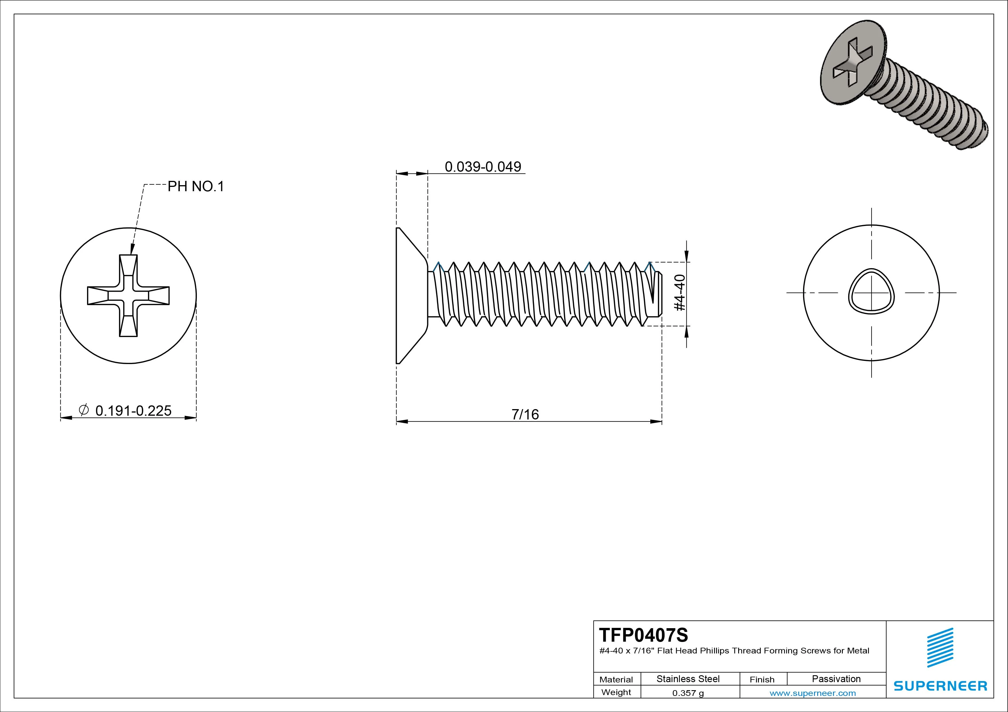 4-40 × 7/16 Flat Head Phillips Thread Forming Screws for Metal SUS304 Stainless Steel Inox