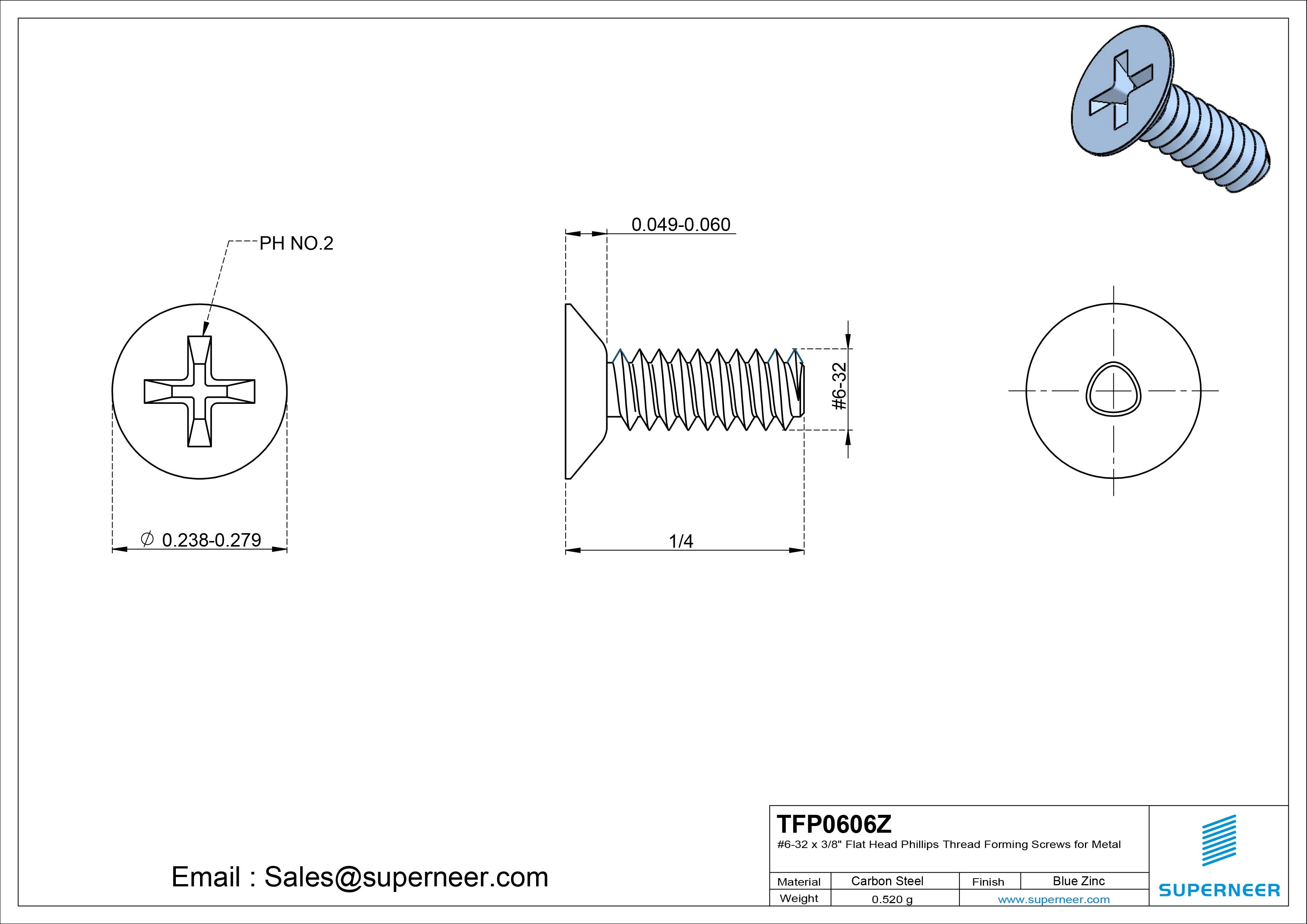 6-32 × 3/8 Flat Head Phillips Thread Forming Screws for Metal Steel Blue Zinc Plated