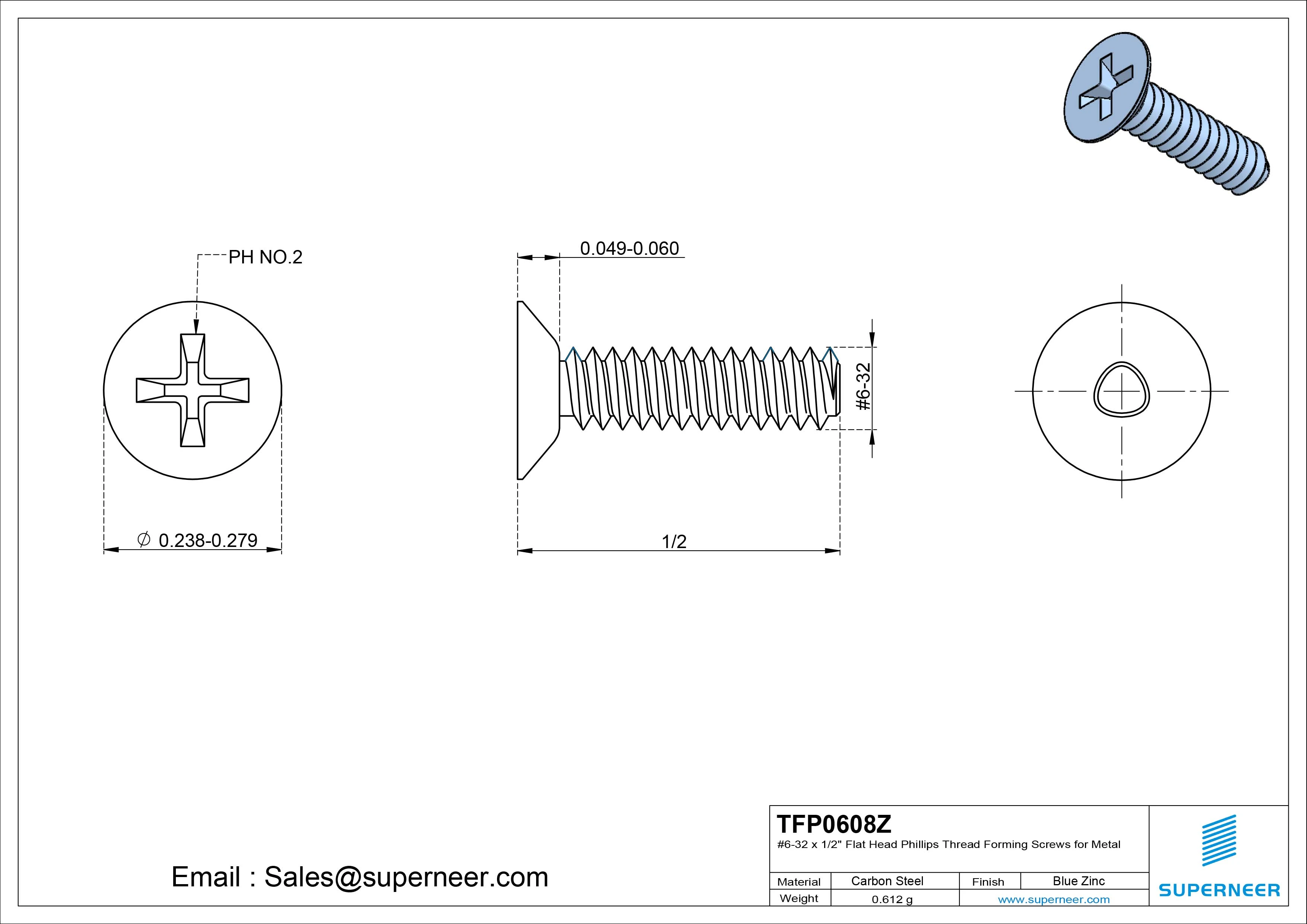 6-32 × 1/2 Flat Head Phillips Thread Forming Screws for Metal Steel Blue Zinc Plated