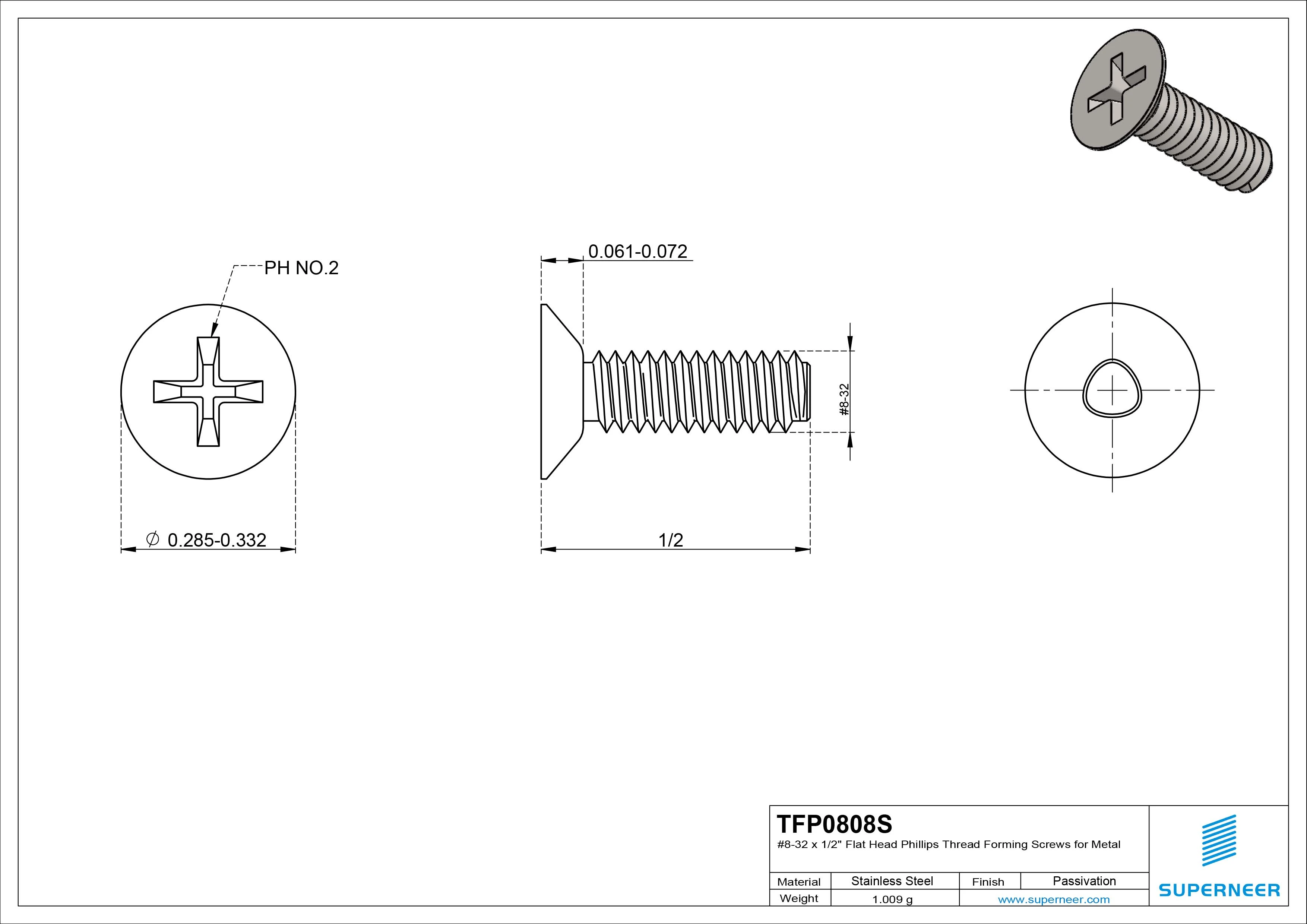 8-32 × 1/2 Flat Head Phillips Thread Forming Screws for Metal SUS304 Stainless Steel Inox