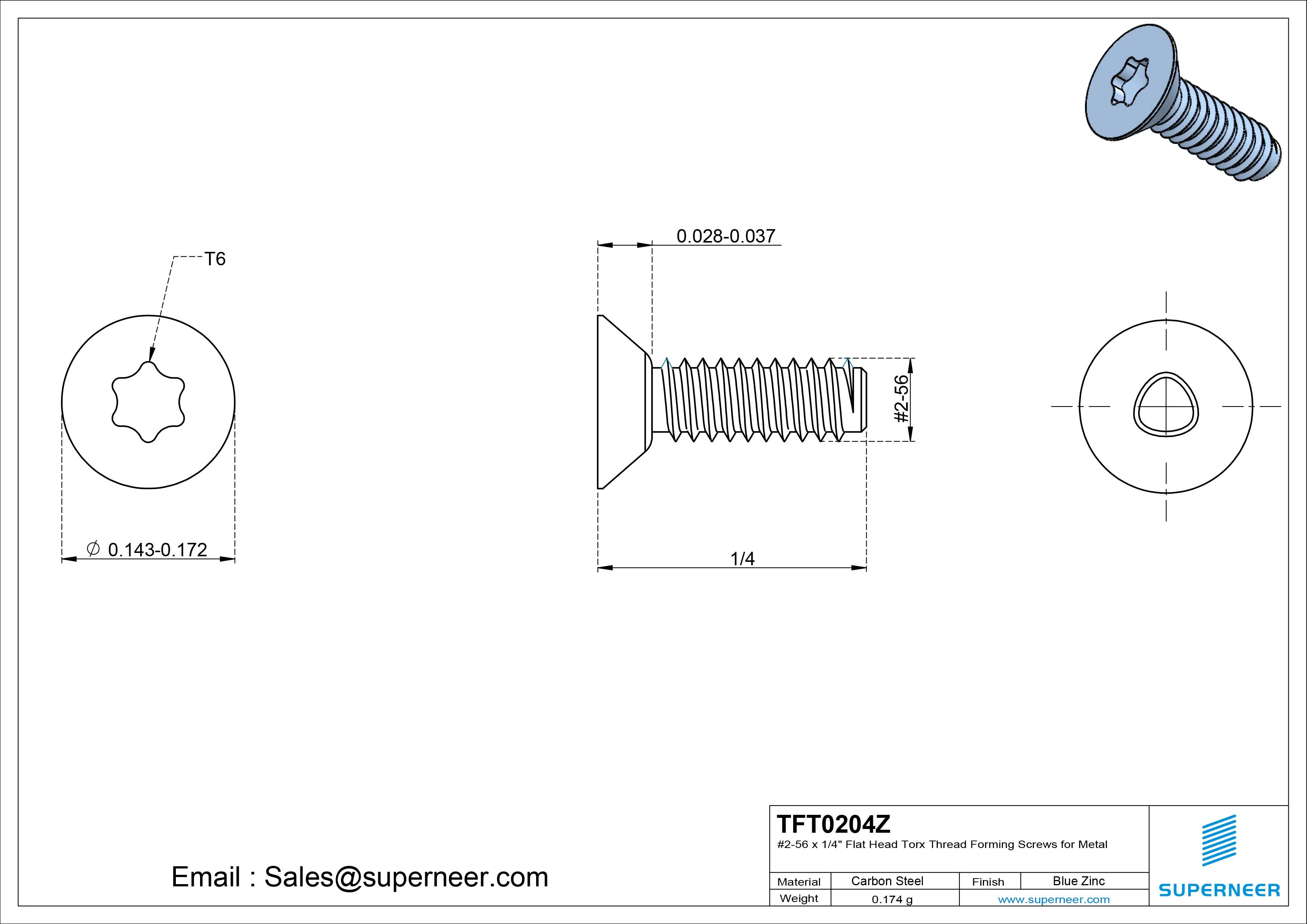 2-56 × 1/4 Flat Head Torx Thread Forming Screws for Metal Steel Blue Zinc Plated