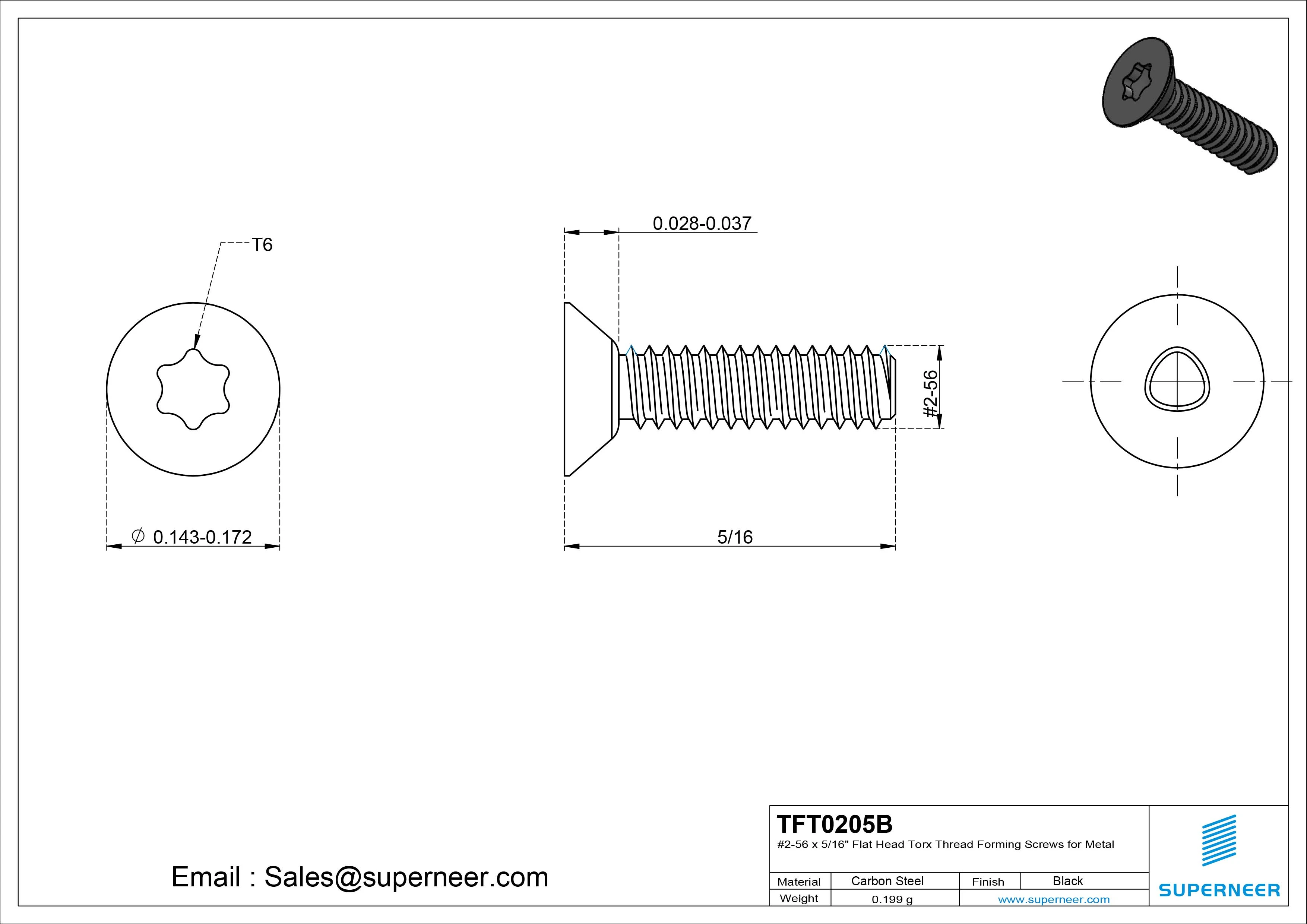 2-56 × 5/16 Flat Head Torx Thread Forming Screws for Metal Steel Black