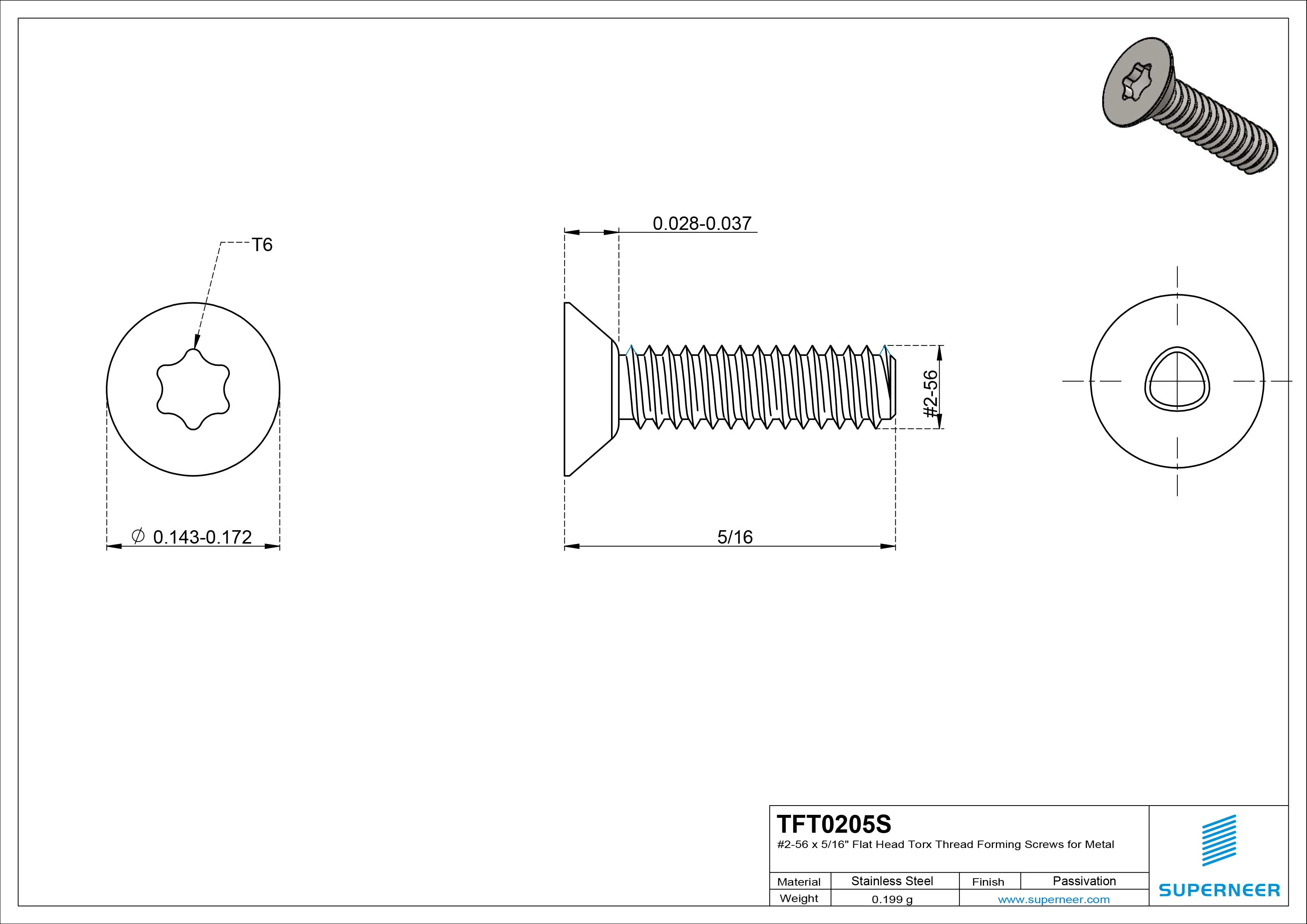 2-56 × 5/16 Flat Head Torx Thread Forming Screws for Metal SUS304 Stainless Steel Inox