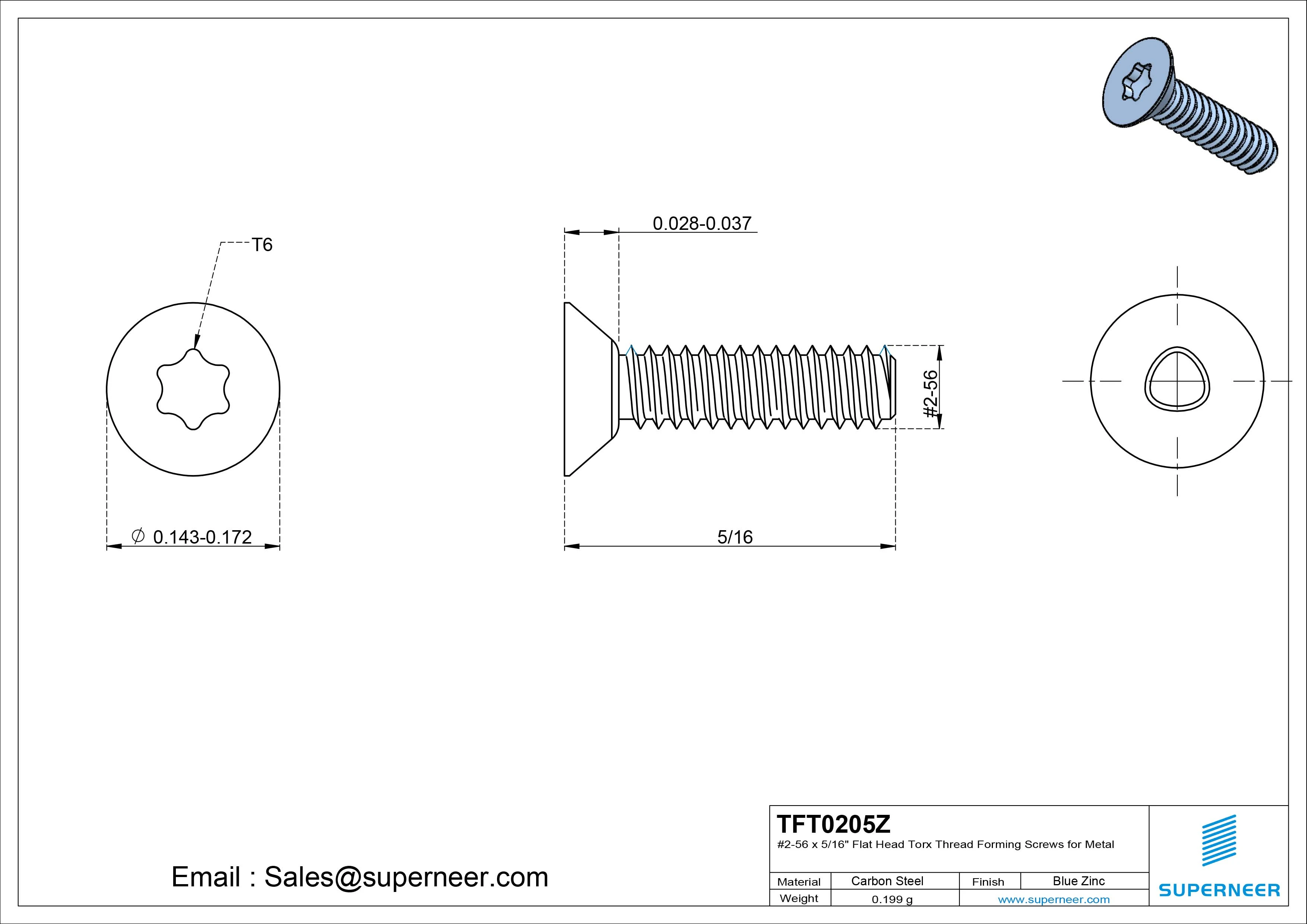 2-56 × 5/16 Flat Head Torx Thread Forming Screws for Metal Steel Blue Zinc Plated