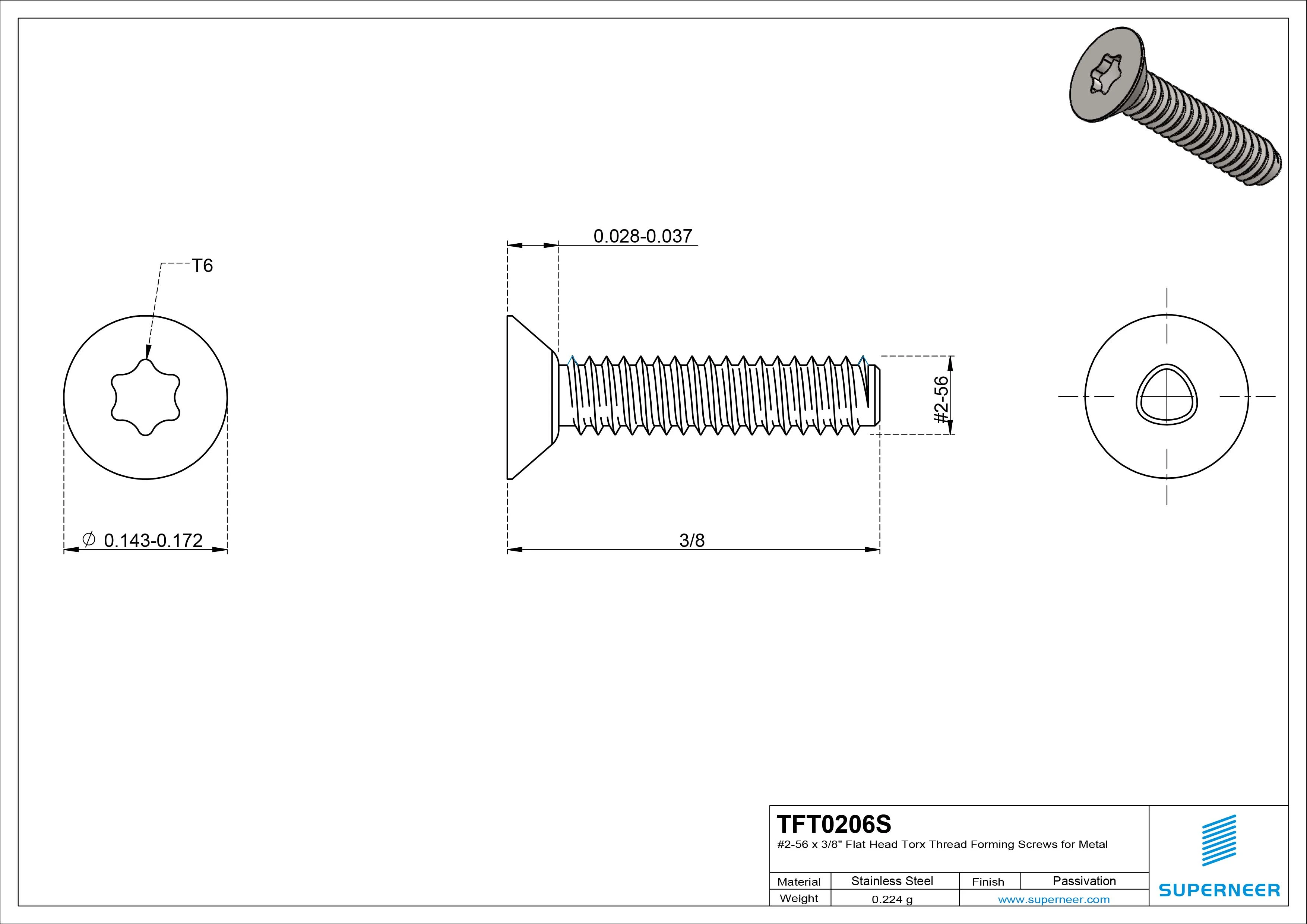 2-56 × 3/8 Flat Head Torx Thread Forming Screws for Metal SUS304 Stainless Steel Inox