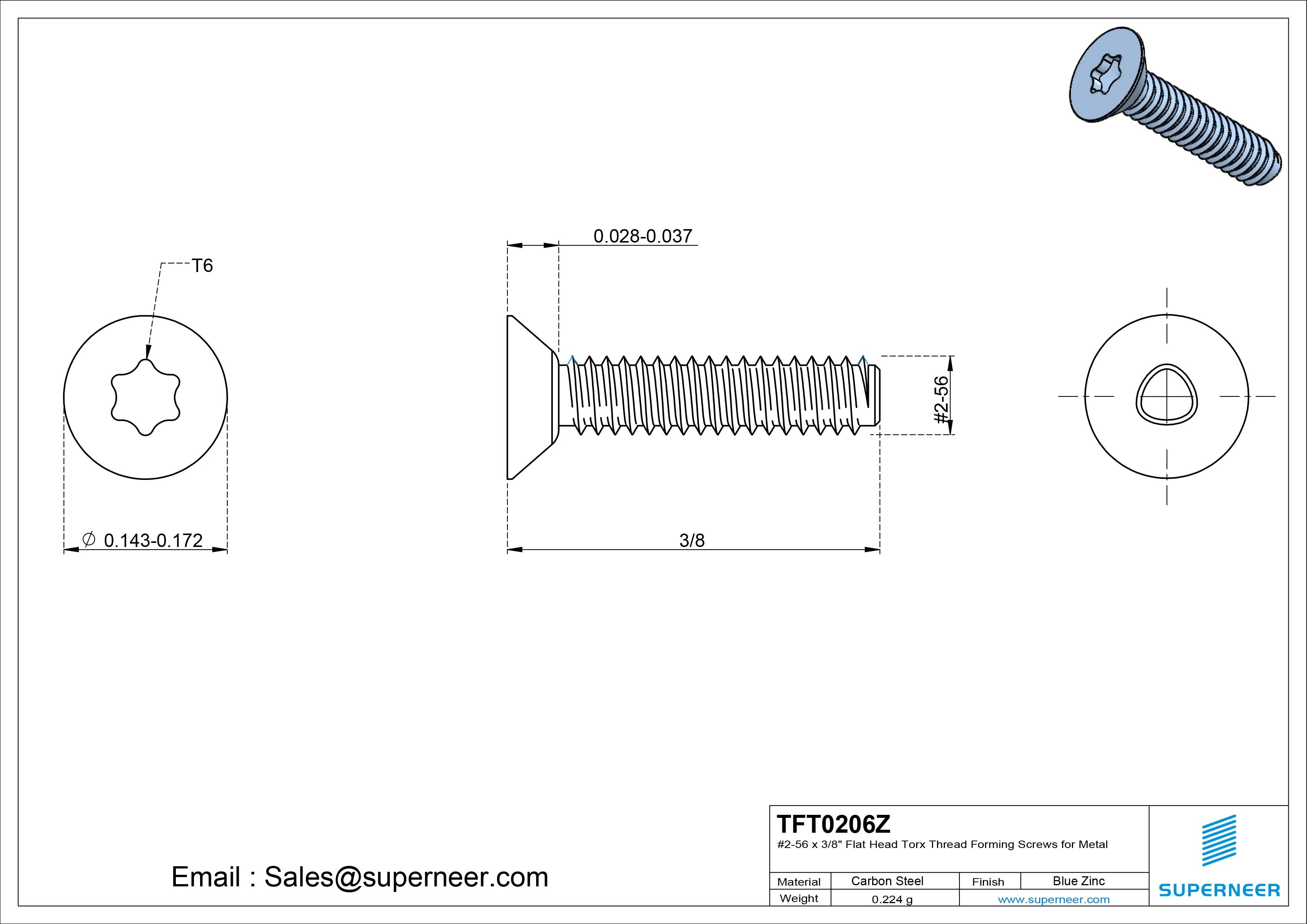 2-56 × 3/8 Flat Head Torx Thread Forming Screws for Metal Steel Blue Zinc Plated