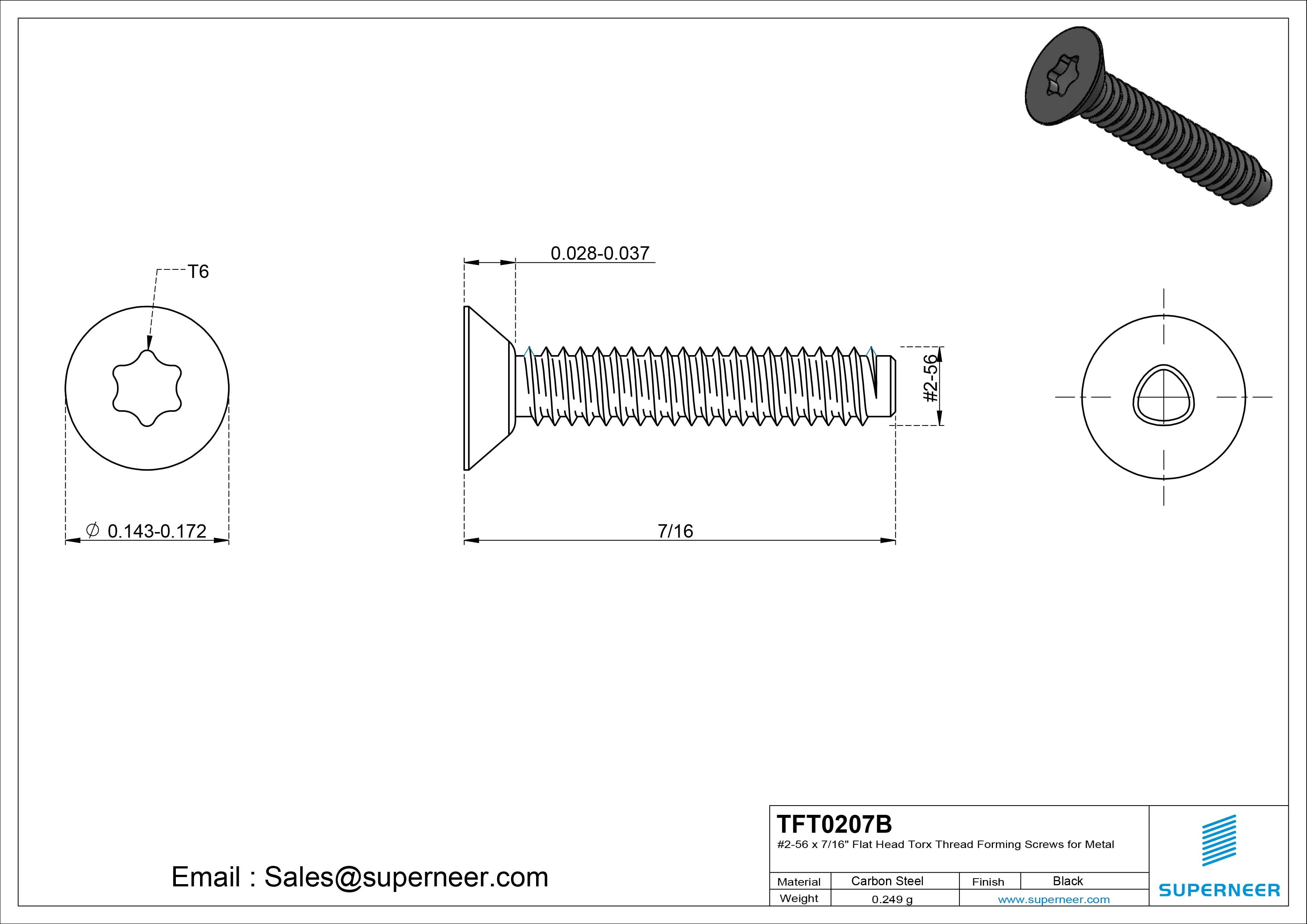 2-56 × 7/16 Flat Head Torx Thread Forming Screws for Metal Steel Black