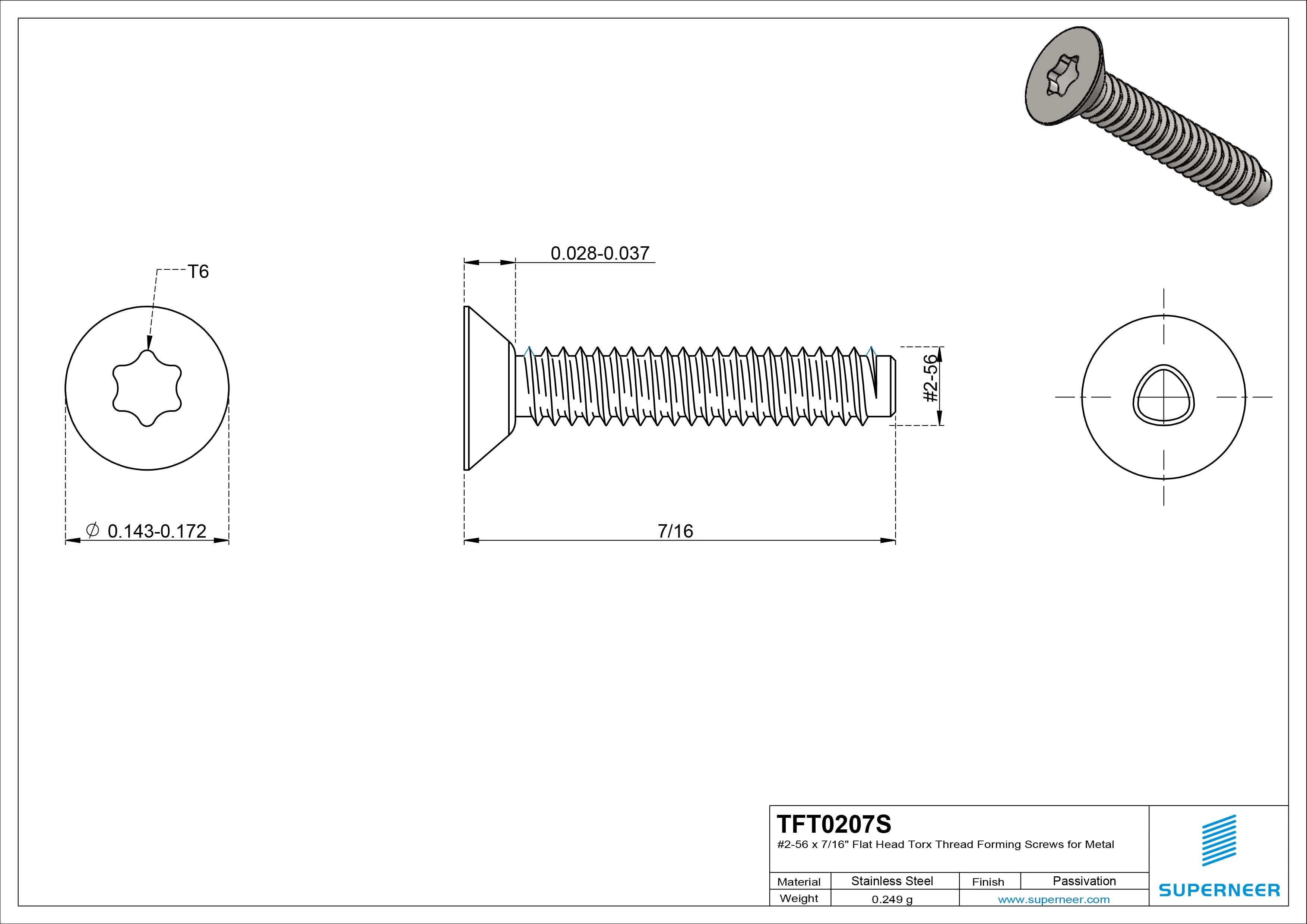 2-56 × 7/16 Flat Head Torx Thread Forming Screws for Metal SUS304 Stainless Steel Inox