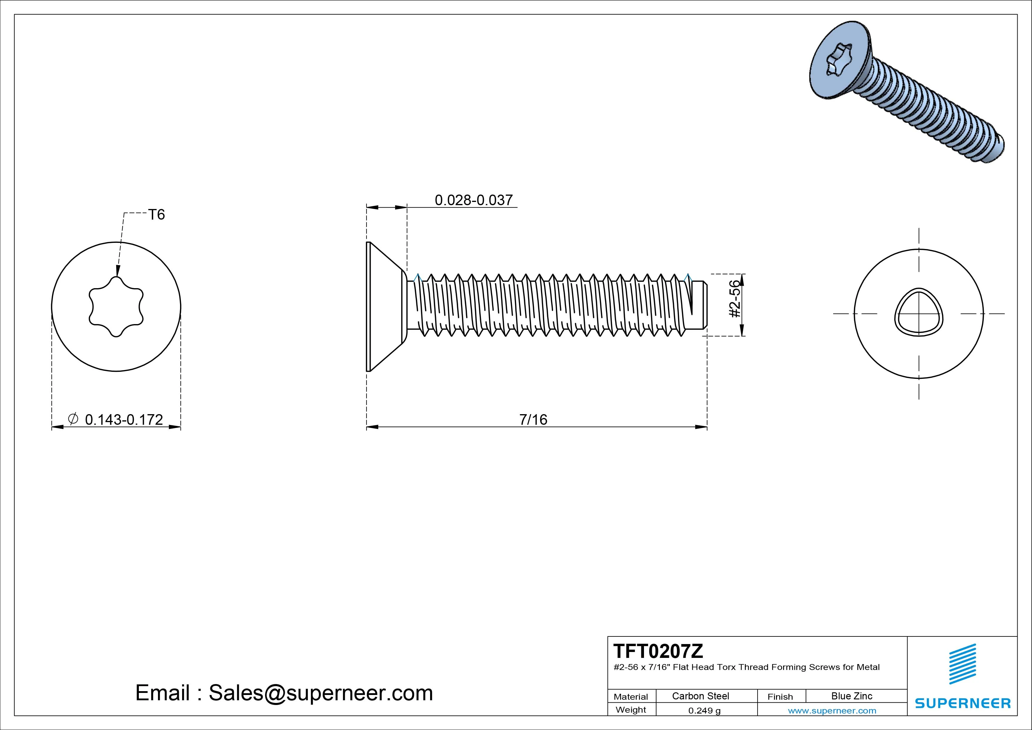 2-56 × 7/16 Flat Head Torx Thread Forming Screws for Metal Steel Blue Zinc Plated