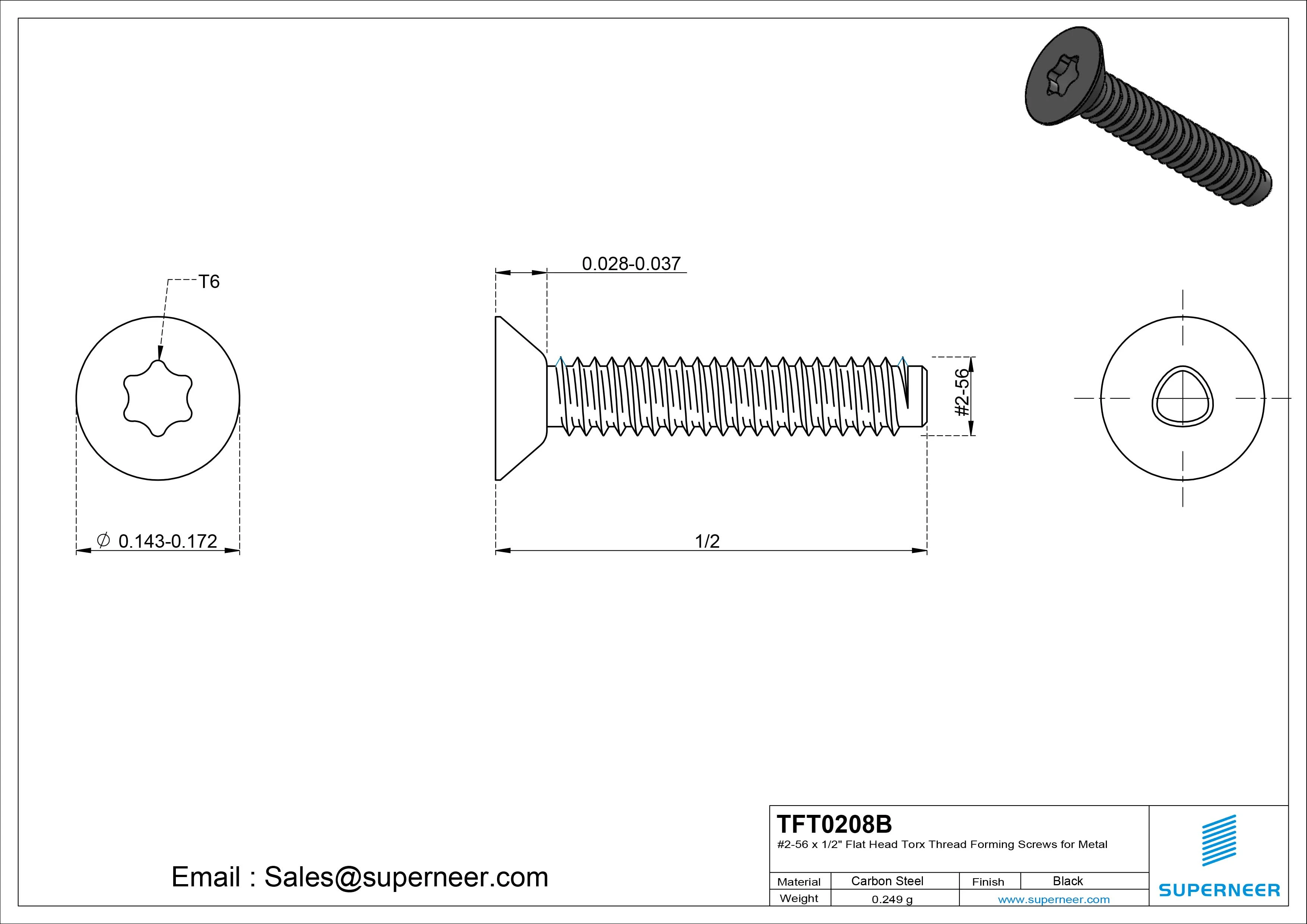 2-56 × 1/2 Flat Head Torx Thread Forming Screws for Metal Steel Black