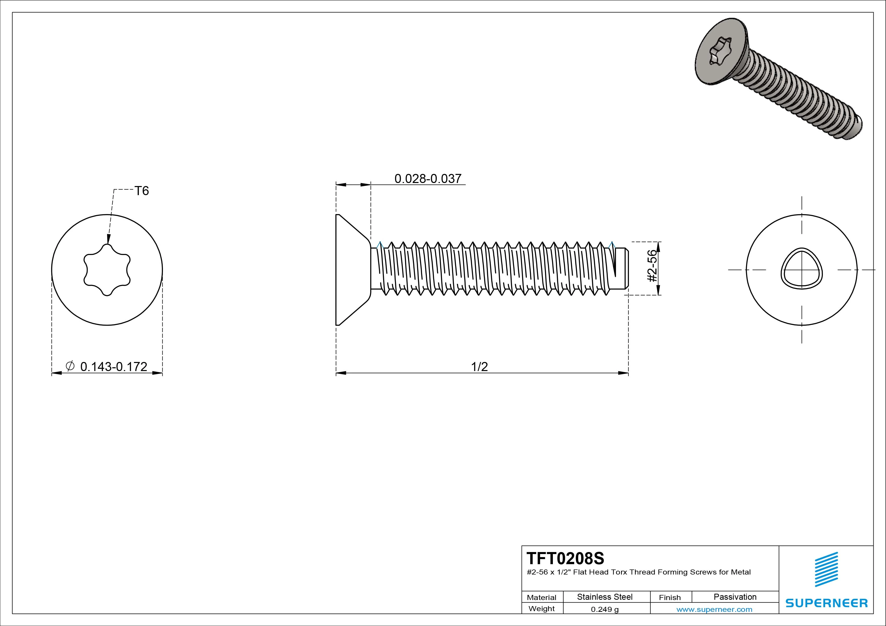 2-56 × 1/2 Flat Head Torx Thread Forming Screws for Metal SUS304 Stainless Steel Inox