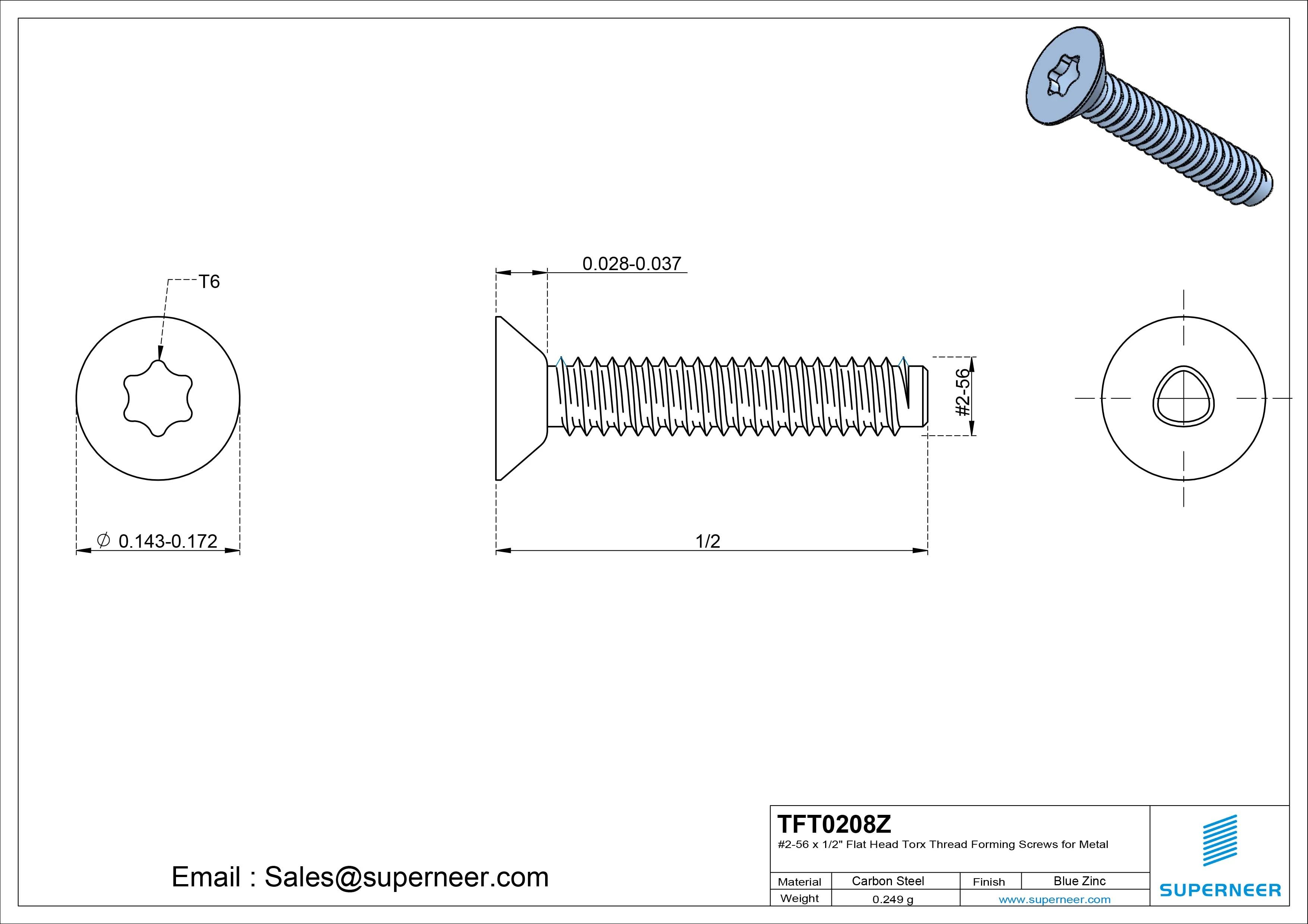 2-56 × 1/2 Flat Head Torx Thread Forming Screws for Metal Steel Blue Zinc Plated