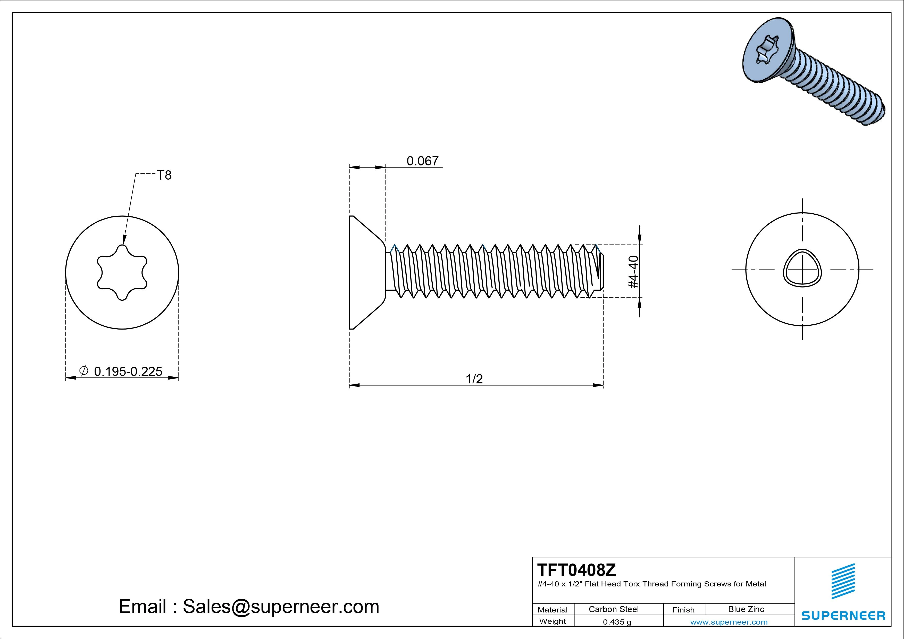 4-40 × 1/2 Flat Head Torx Thread Forming Screws for Metal Steel Blue Zinc Plated