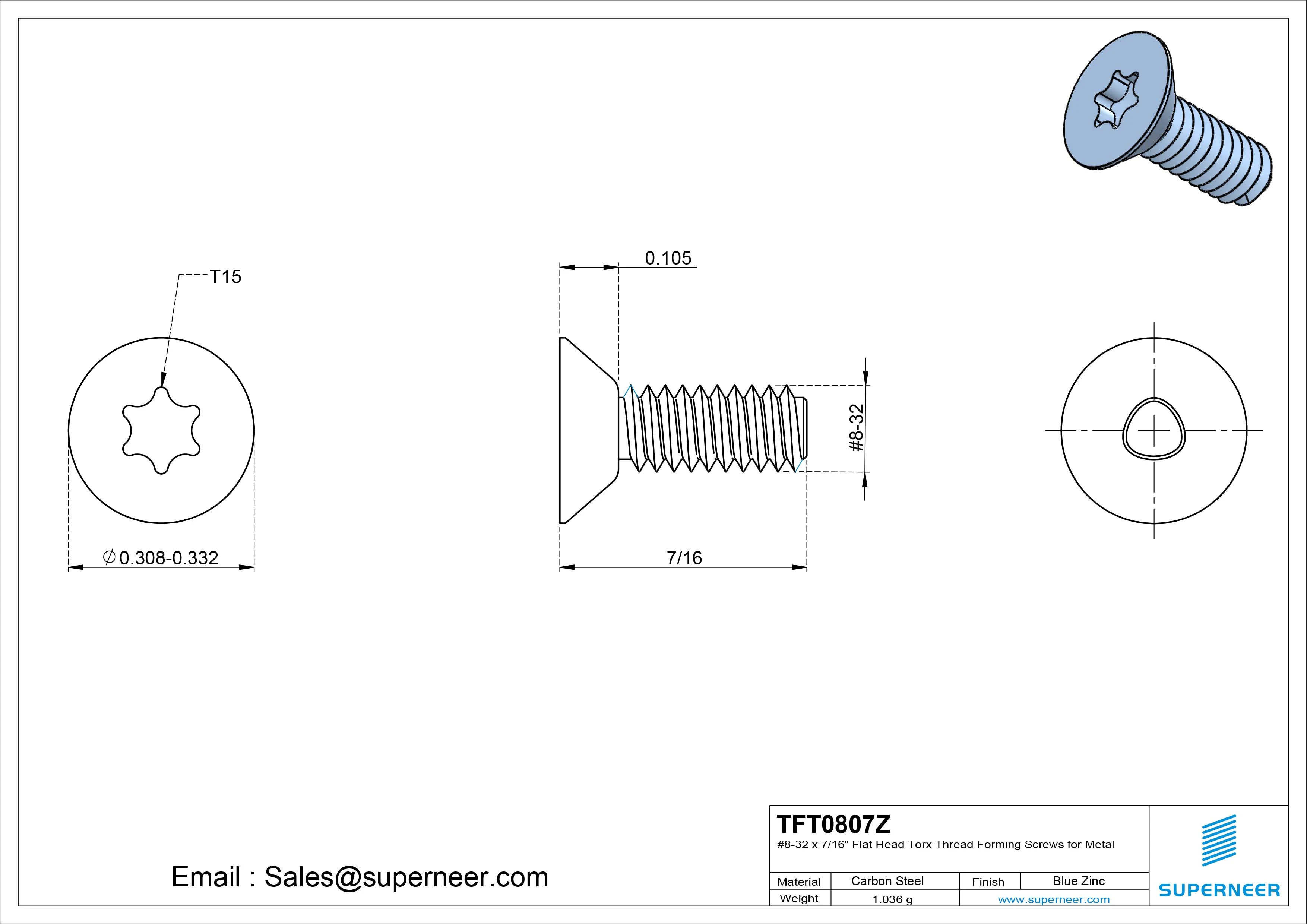 8-32 × 7/16 Flat Head Torx Thread Forming Screws for Metal Steel Blue Zinc Plated