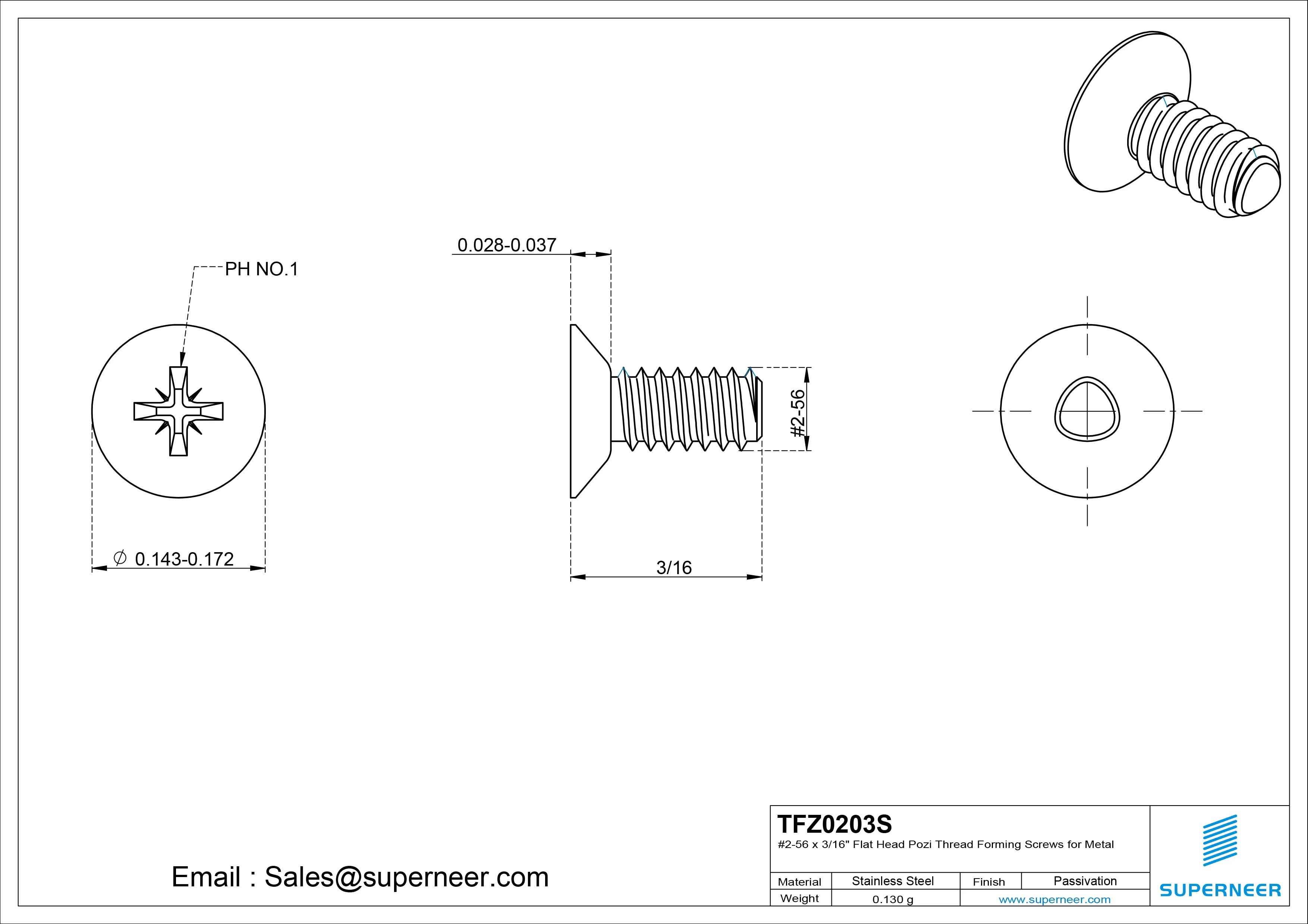 2-56 × 3/16 Flat Head Pozi Thread Forming Screws for Metal SUS304 Stainless Steel Inox