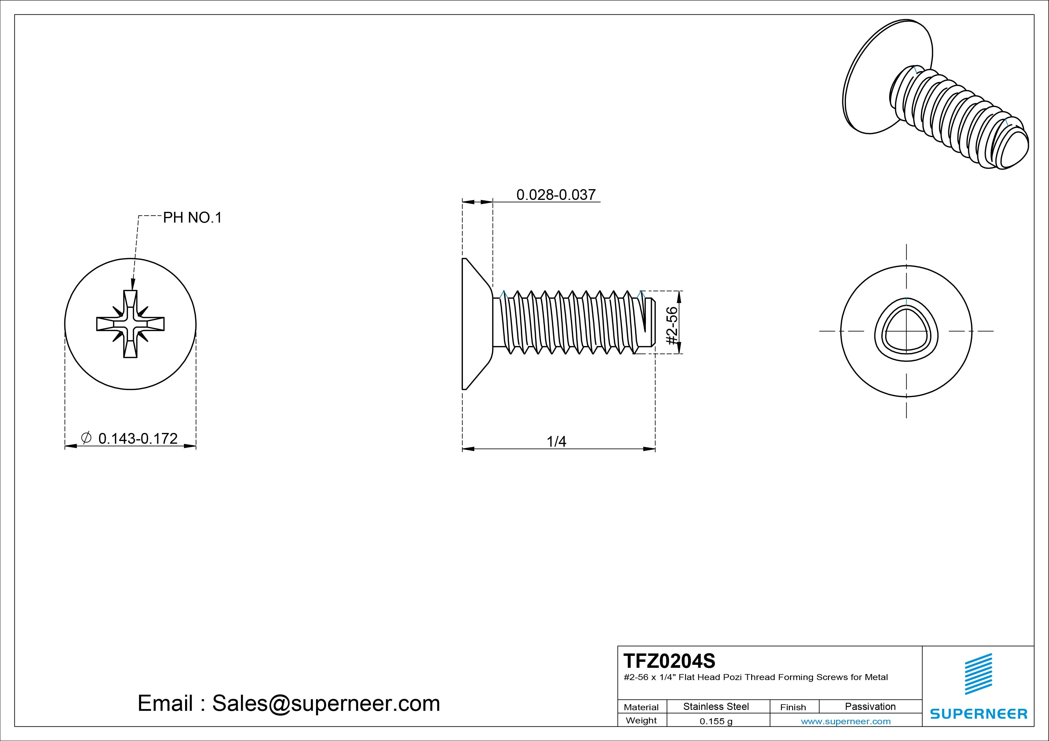 2-56 × 1/4 Flat Head Pozi Thread Forming Screws for Metal SUS304 Stainless Steel Inox