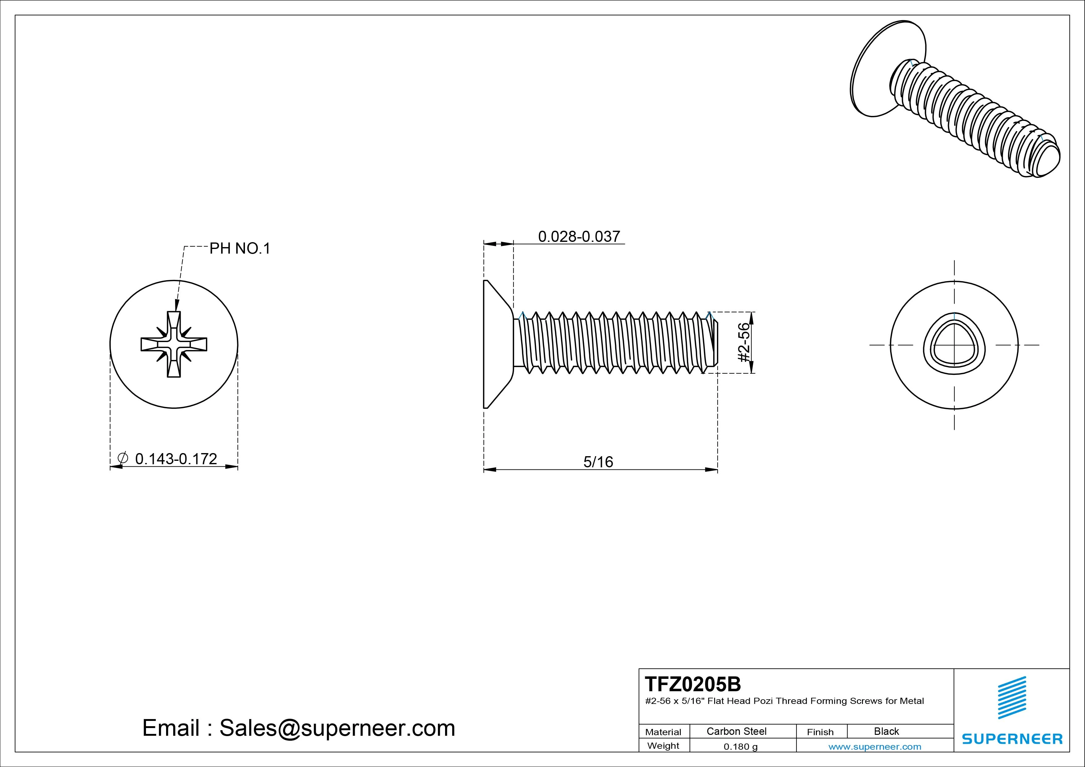 2-56 × 5/16 Flat Head Pozi Thread Forming Screws for Metal Steel Black