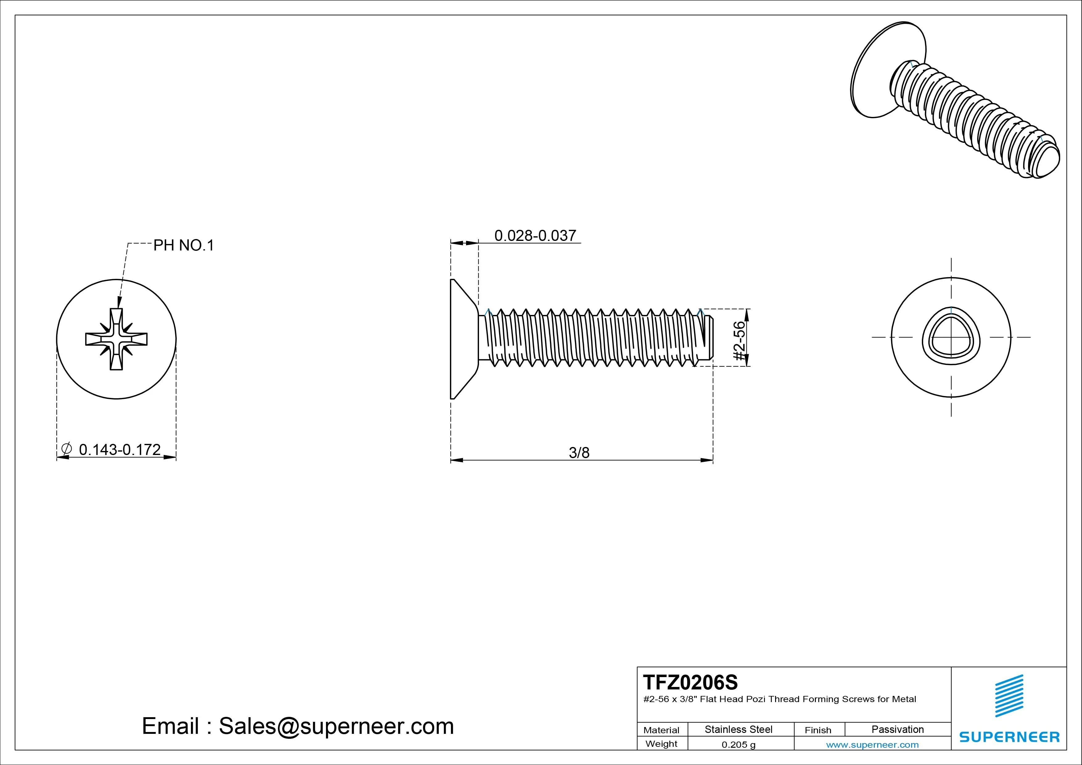 2-56 × 3/8 Flat Head Pozi Thread Forming Screws for Metal SUS304 Stainless Steel Inox