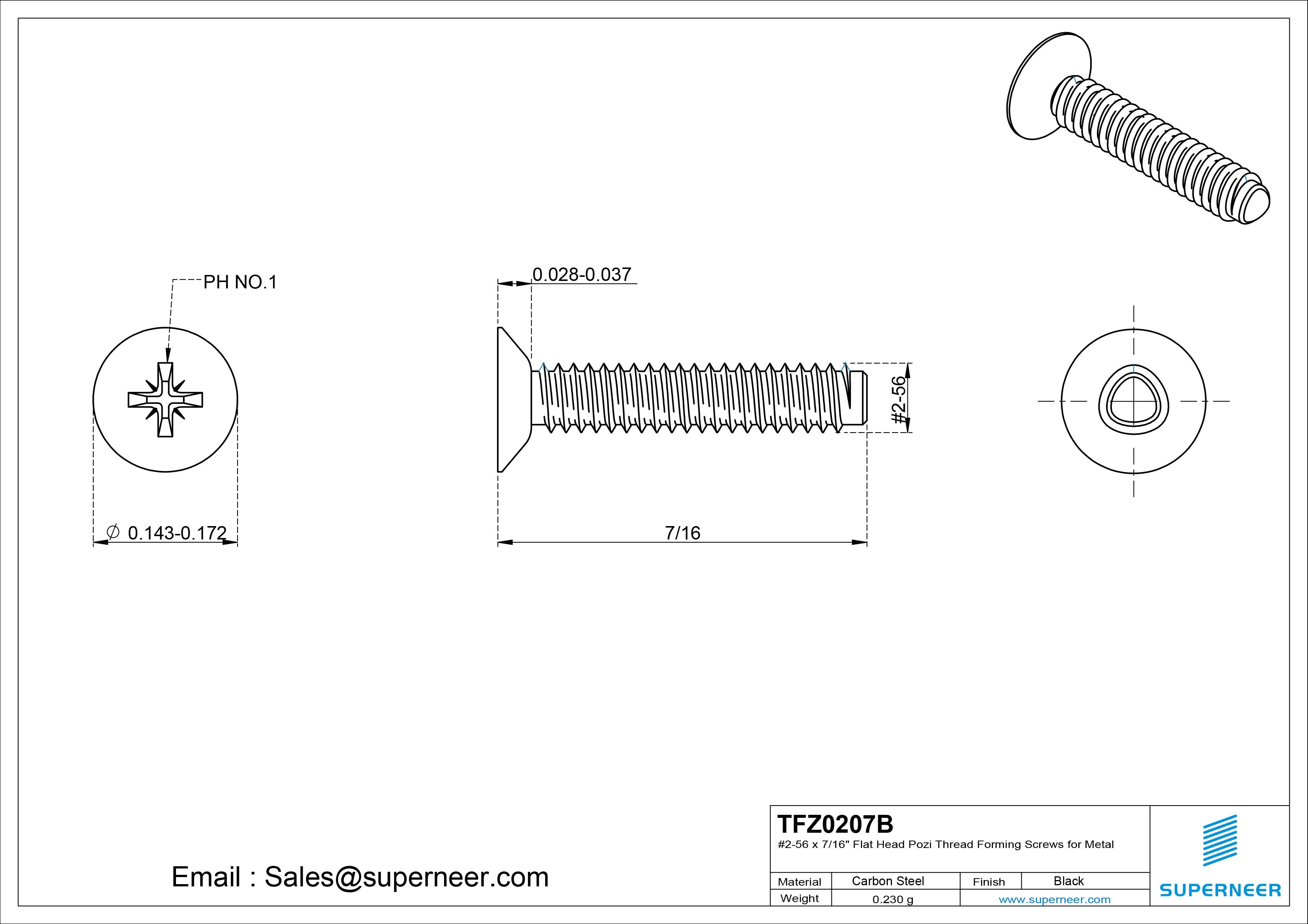 2-56 × 7/16 Flat Head Pozi Thread Forming Screws for Metal Steel Black