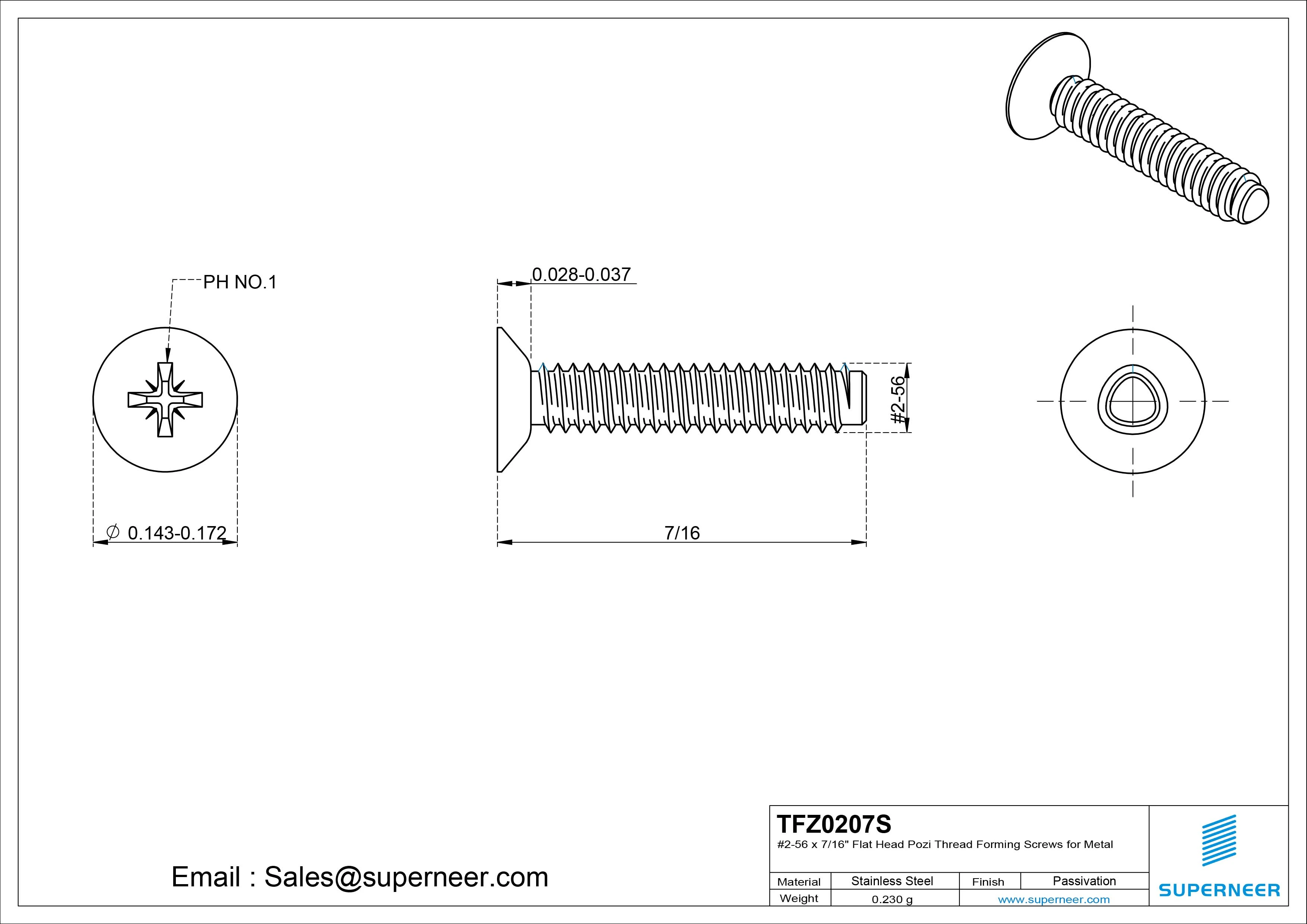 2-56 × 7/16 Flat Head Pozi Thread Forming Screws for Metal SUS304 Stainless Steel Inox