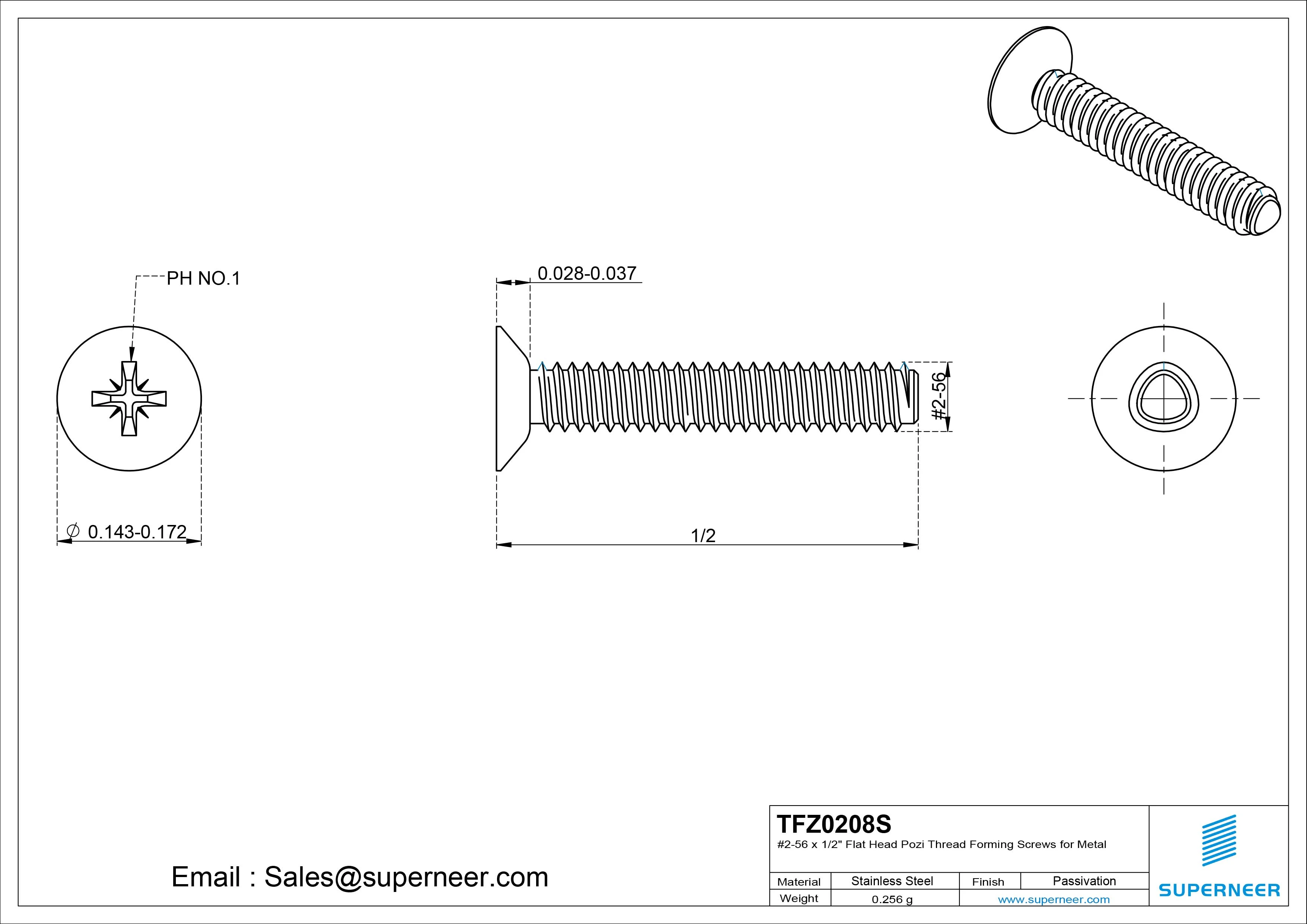 2-56 × 1/2 Flat Head Pozi Thread Forming Screws for Metal SUS304 Stainless Steel Inox
