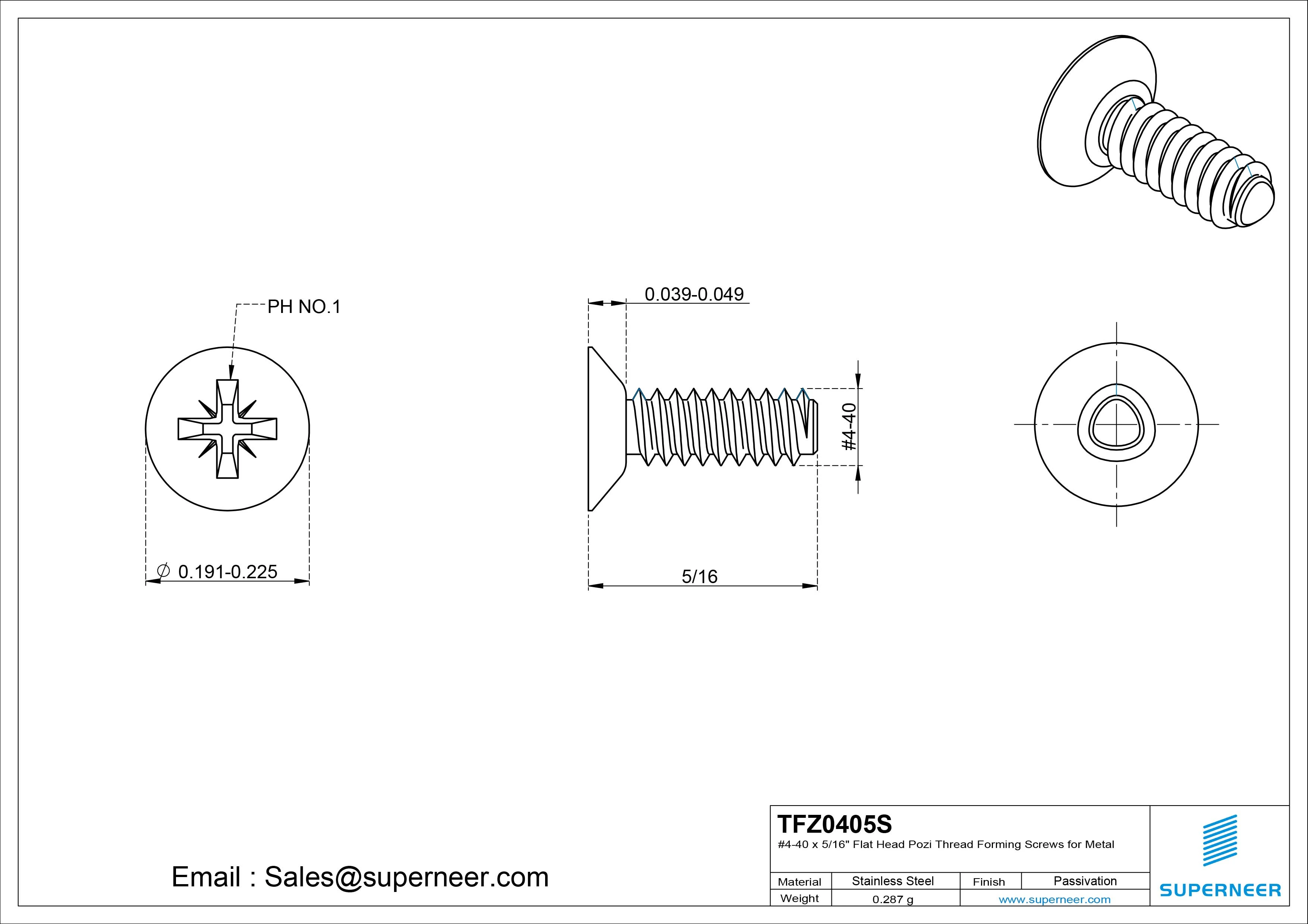 4-40 × 5/16 Flat Head Pozi Thread Forming Screws for Metal SUS304 Stainless Steel Inox