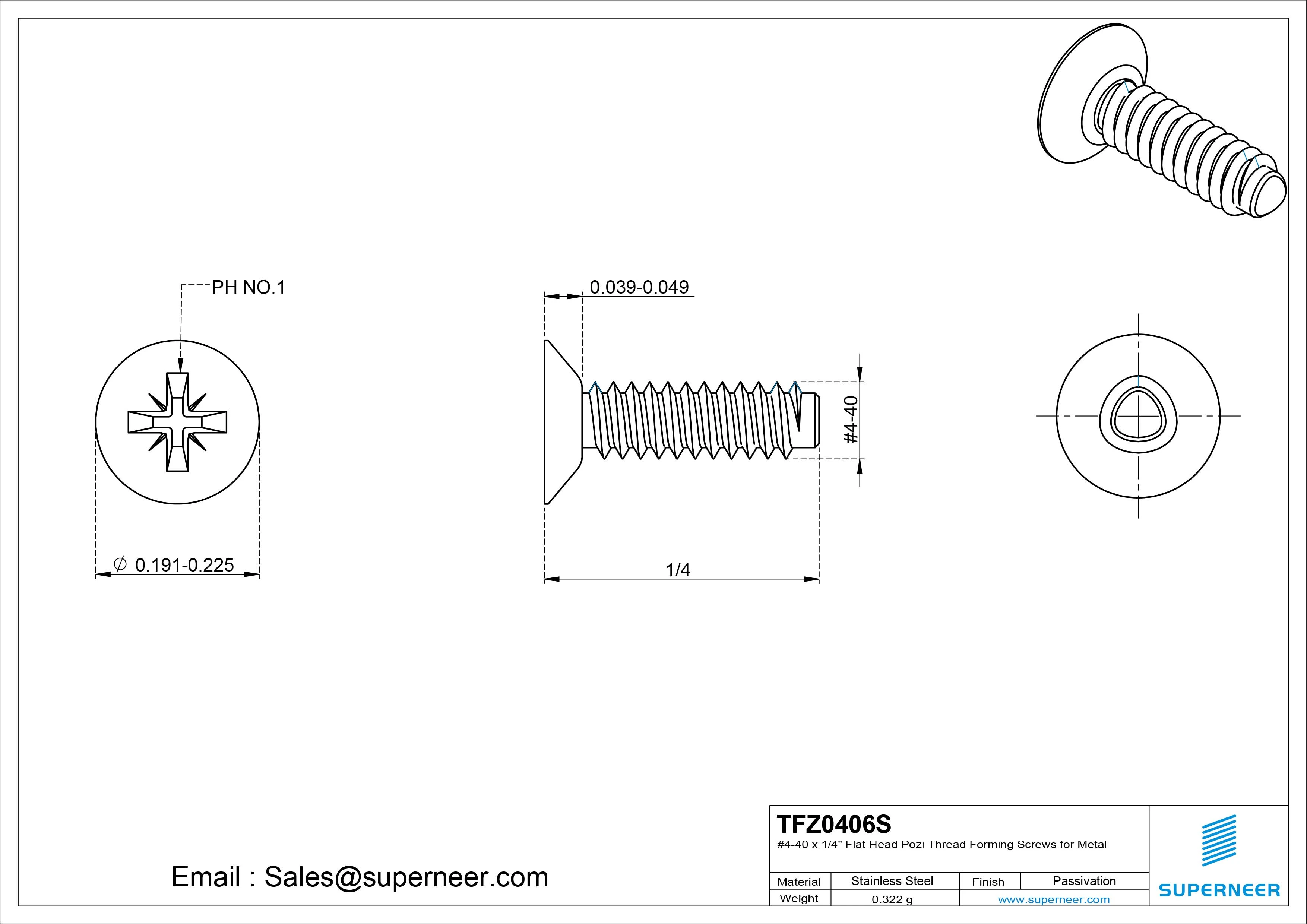 4-40 × 3/8 Flat Head Pozi Thread Forming Screws for Metal SUS304 Stainless Steel Inox