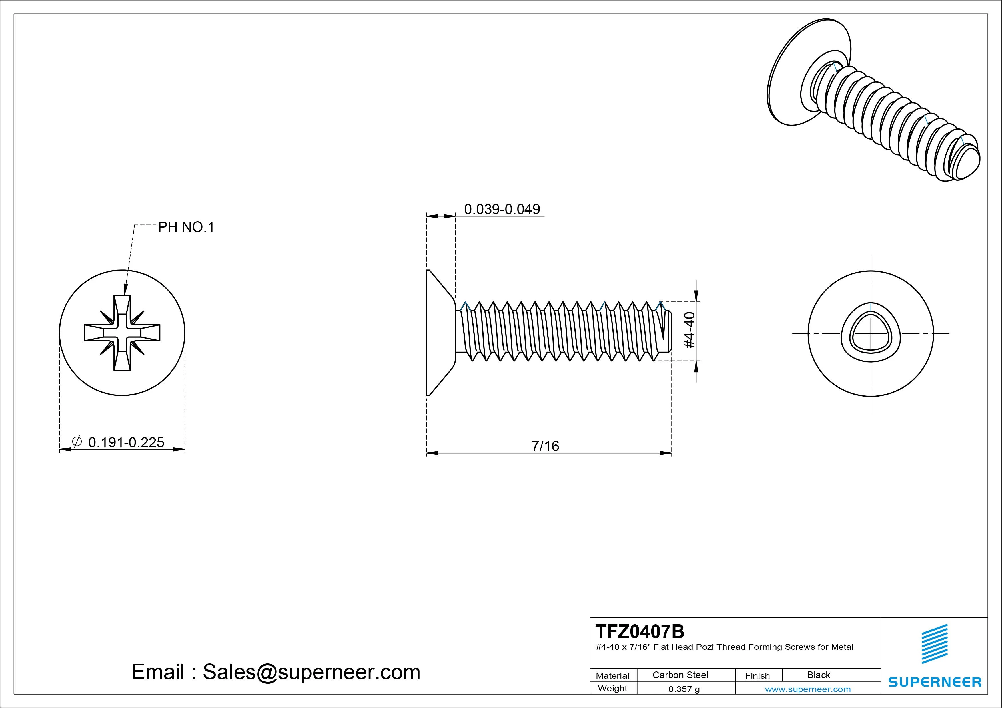 4-40 × 7/16 Flat Head Pozi Thread Forming Screws for Metal Steel Black