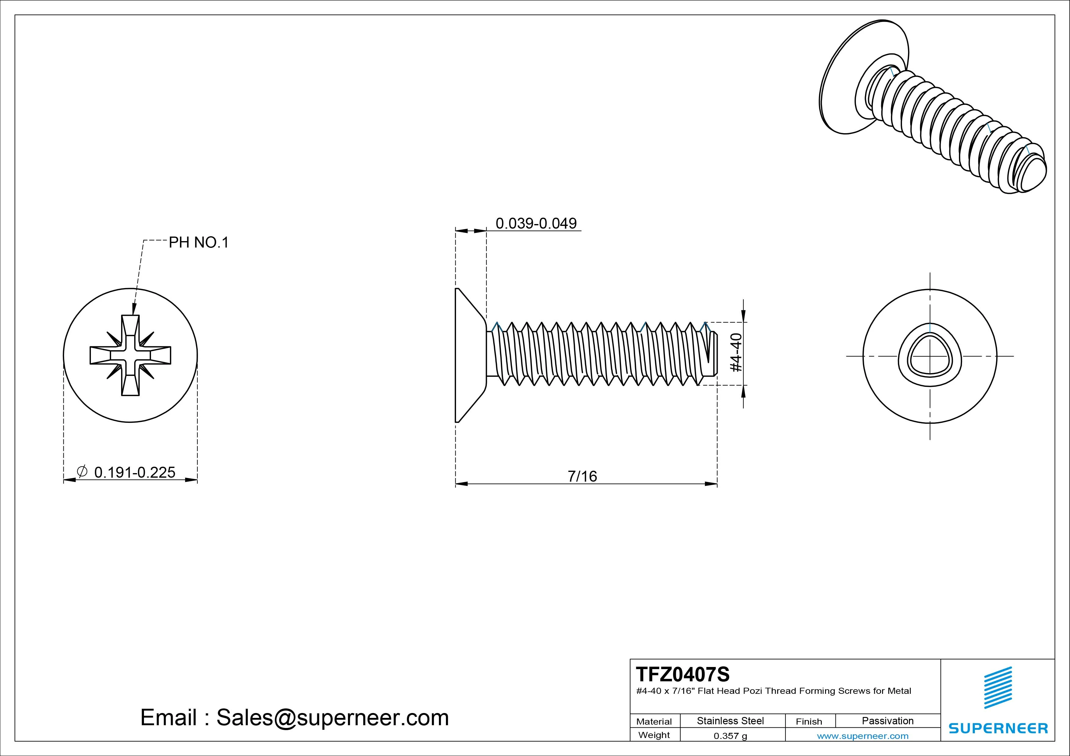 4-40 × 7/16 Flat Head Pozi Thread Forming Screws for Metal SUS304 Stainless Steel Inox