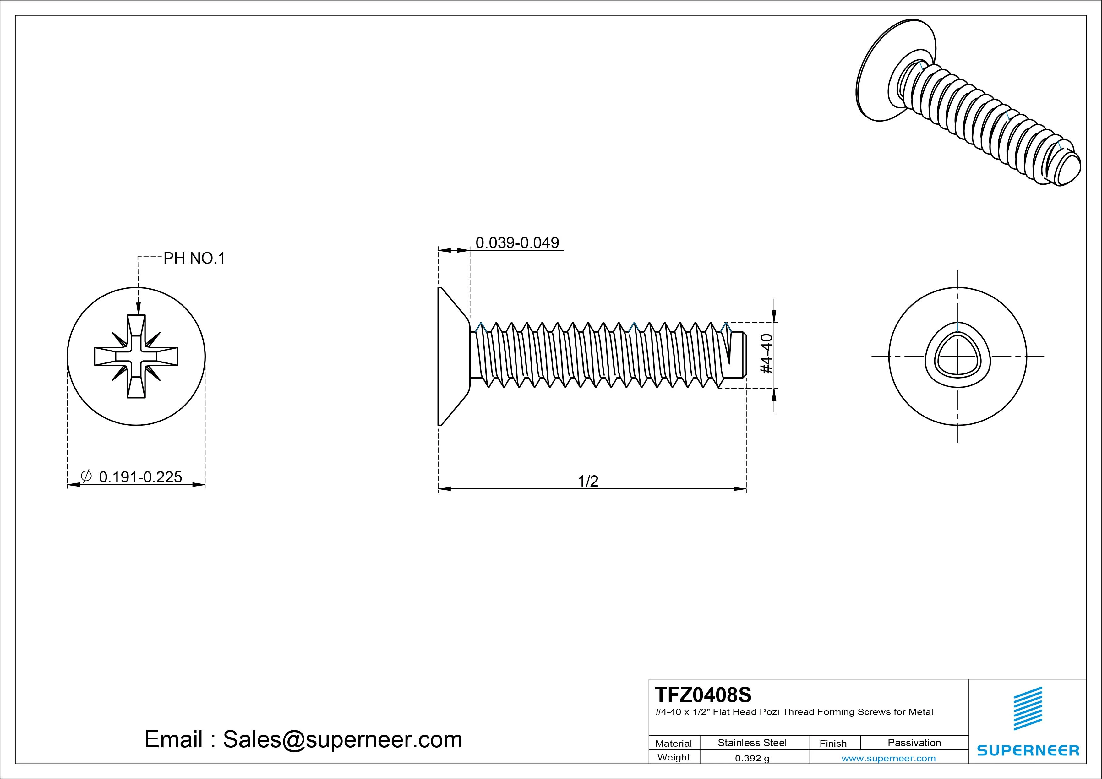 4-40 × 1/2 Flat Head Pozi Thread Forming Screws for Metal SUS304 Stainless Steel Inox