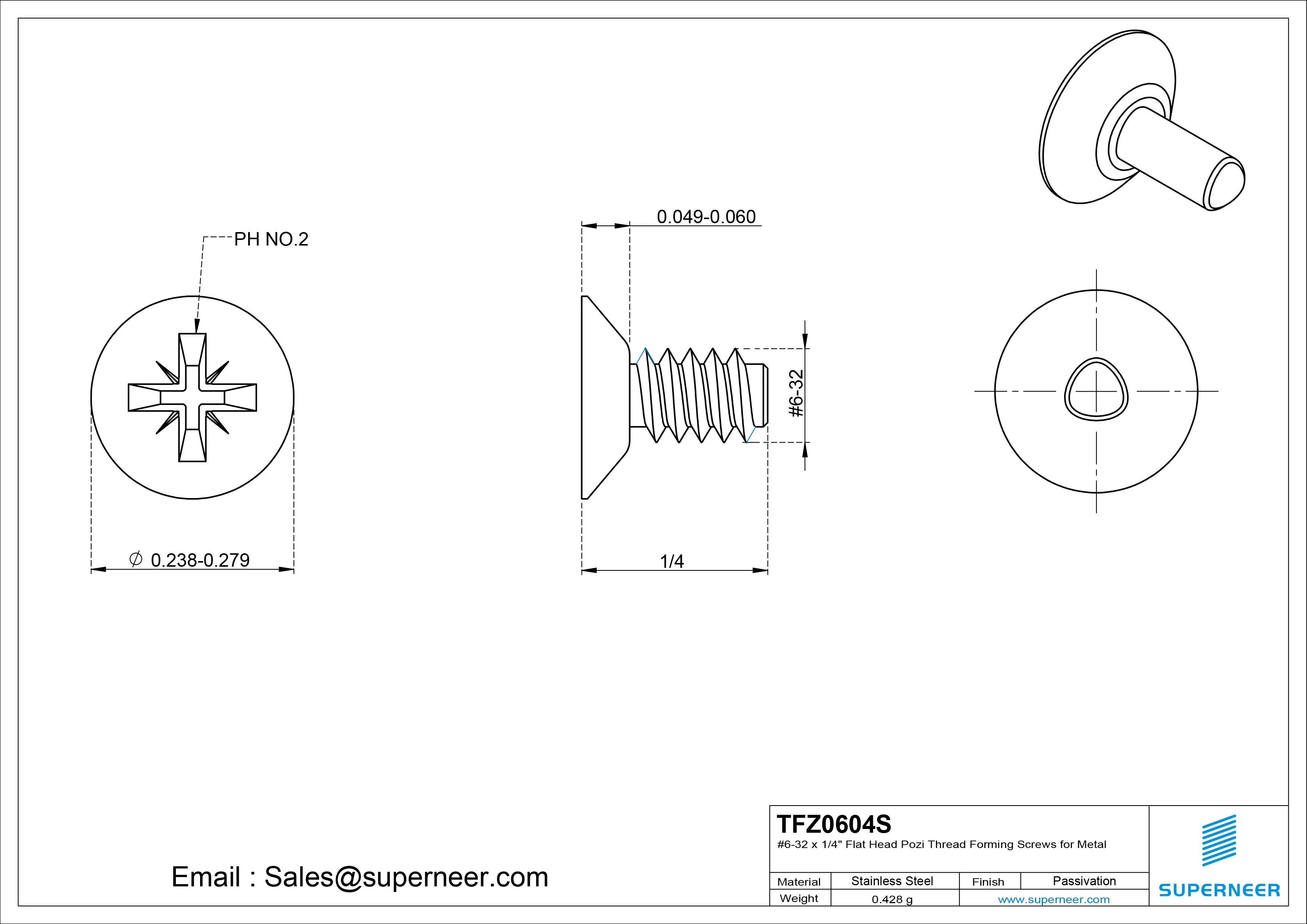 6-32 × 1/4 Flat Head Pozi Thread Forming Screws for Metal SUS304 Stainless Steel Inox