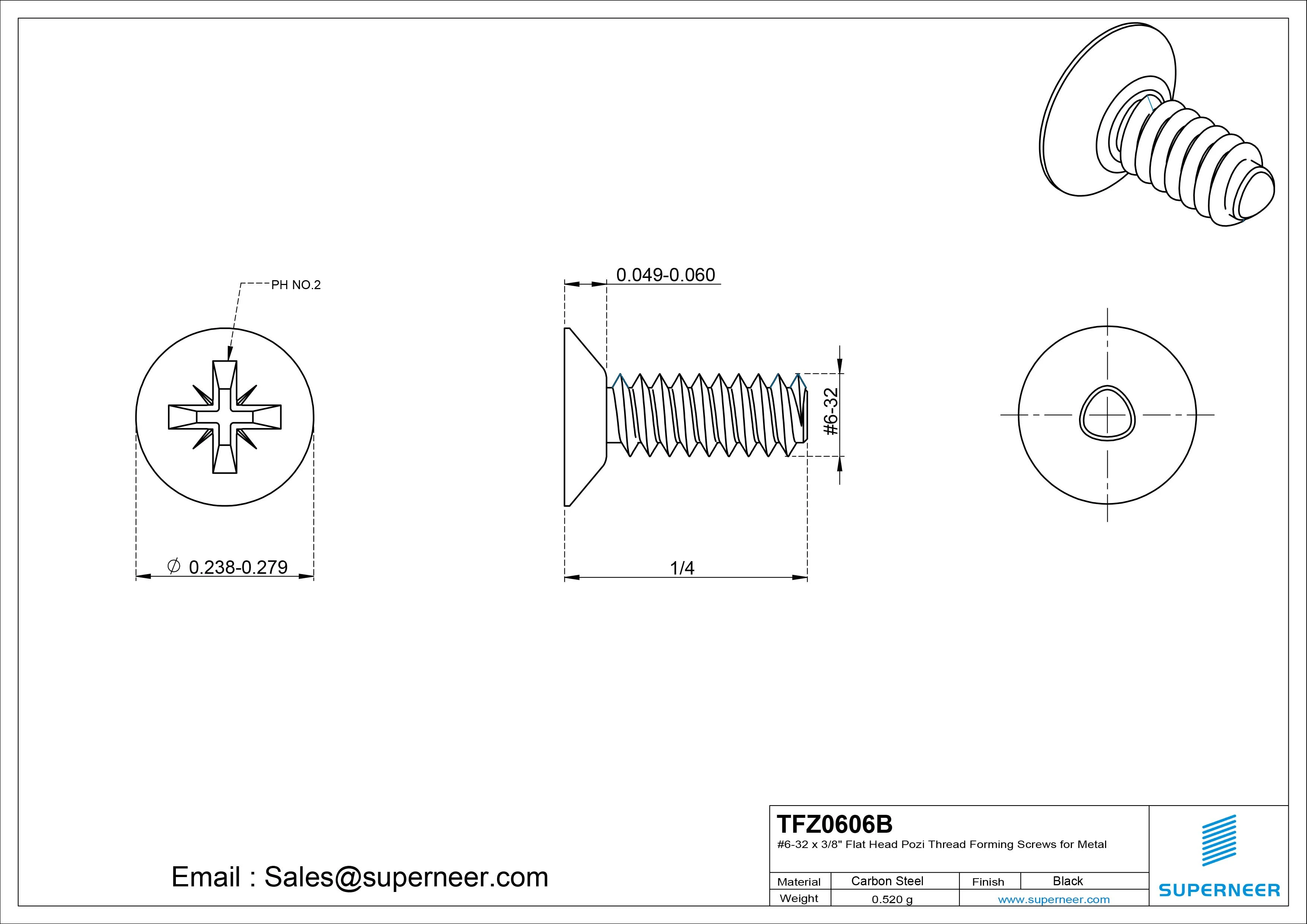 6-32 × 3/8 Flat Head Pozi Thread Forming Screws for Metal Steel Black