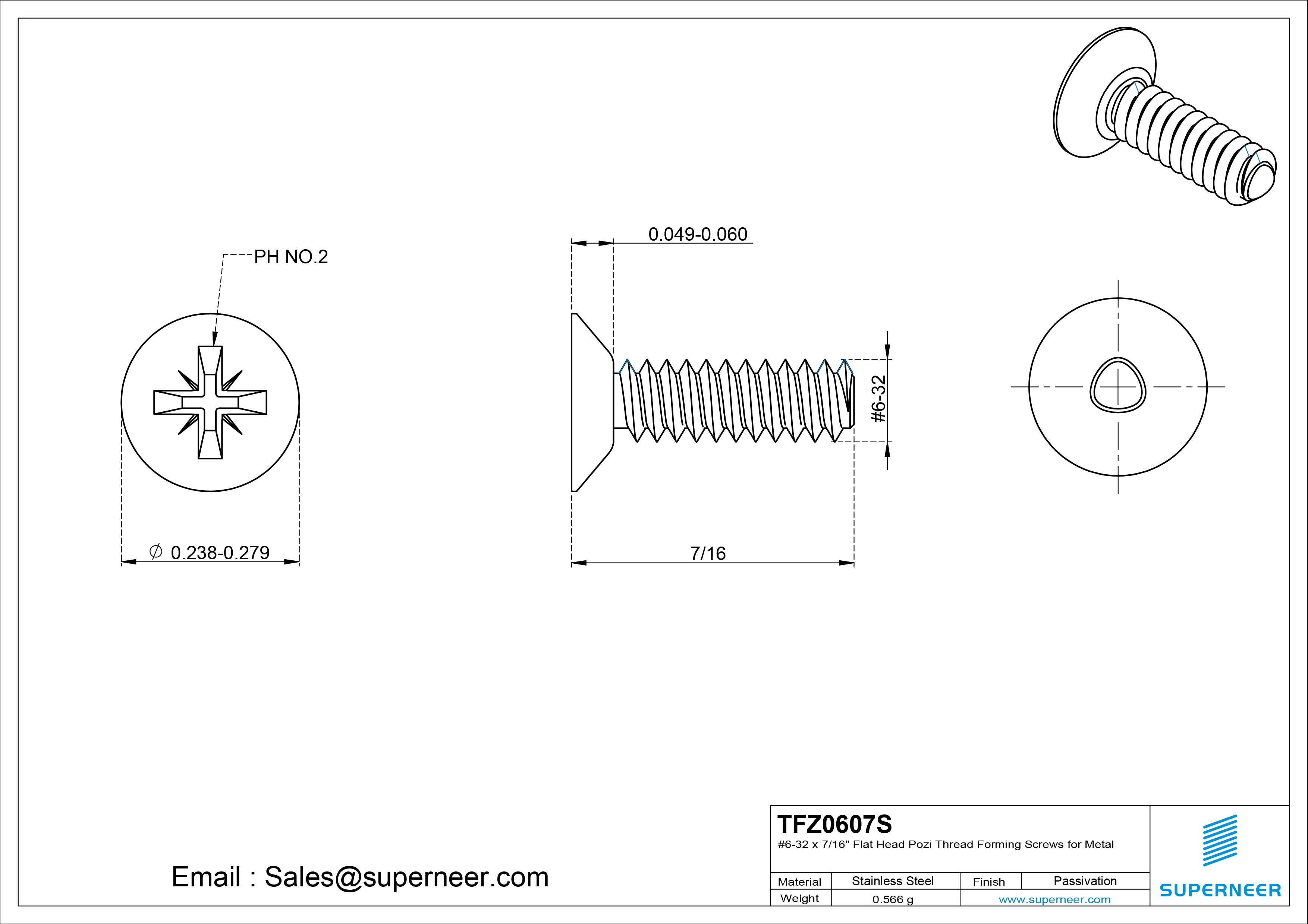6-32 × 7/16 Flat Head Pozi Thread Forming Screws for Metal SUS304 Stainless Steel Inox
